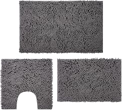 Bath Mats for Bathroom, Bath Rugs Set of 3, Chenille Non Slip Bathroom Shower Mats, Water Absorbent and Washable, Bath Mats for Bathroom, Shower, Tub(Gray)
