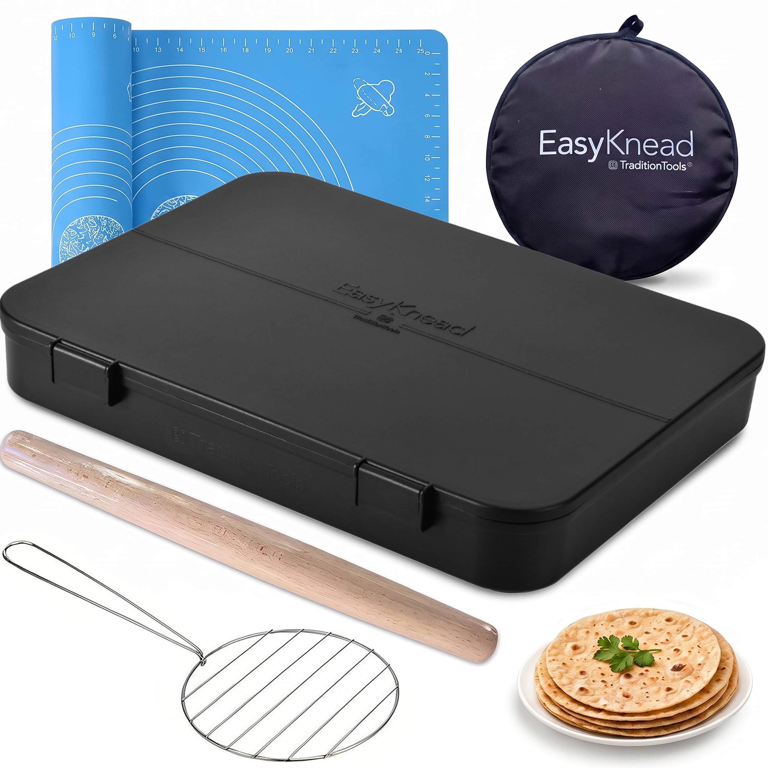 TraditionTools EasyKnead Roti Box with Rolling Pin, Pouch, Grill & Antislip Mat - Roti Making Box for Chapati, Paratha, Puri - Kneading Indian Tray for Indian Cuisine