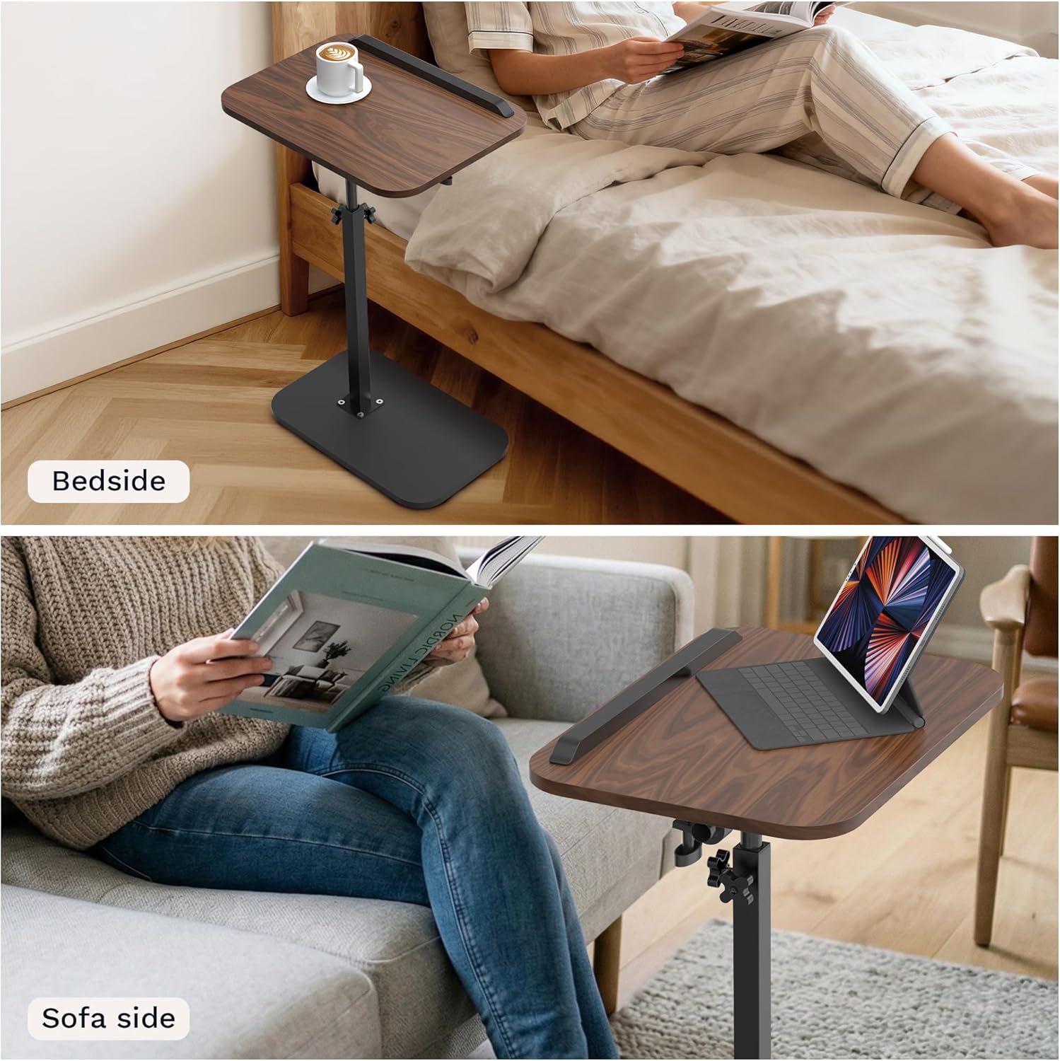 ENNVA Side Table for Couch, Adjustable Height C Shaped End Table, Narrow Sofa Side Table for Living Room & Bedside, Brown Wooden Top with Black Metal Base