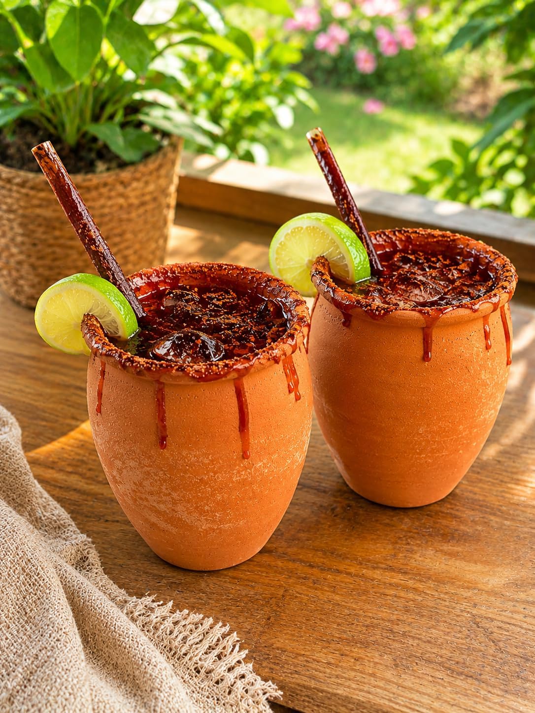Set of 2 Handmade Mexican Clay Cups, jarritos Mexicanos, 12 Oz