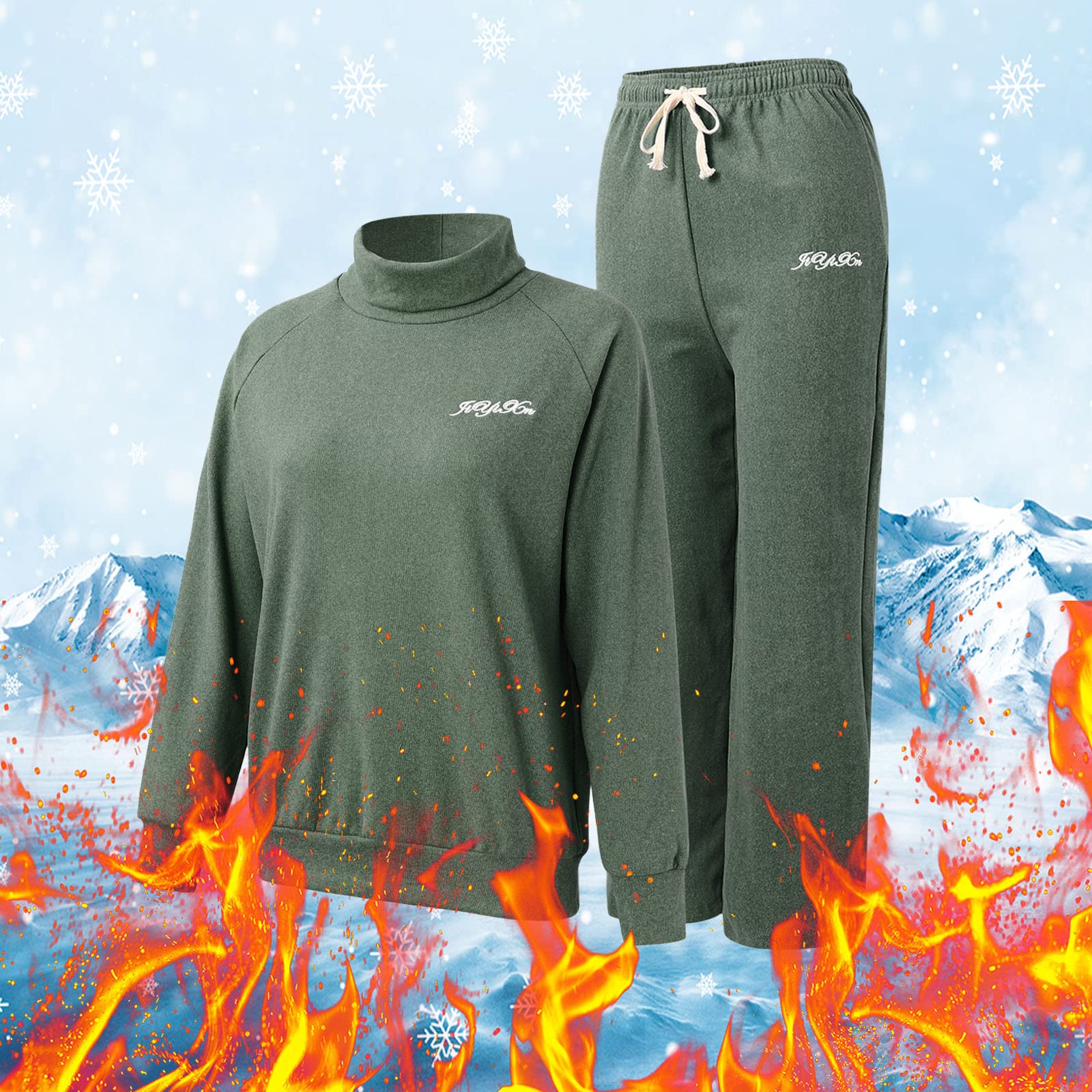 sous-Vêtements Thermiques Femme, Chaud Couleur Unie Haut + Pantalon avec Col Montant Top Long Sleeve Doublés De Polaire Ensemble De 2 Pièces Élastiques Set Hiver Ski Oversize