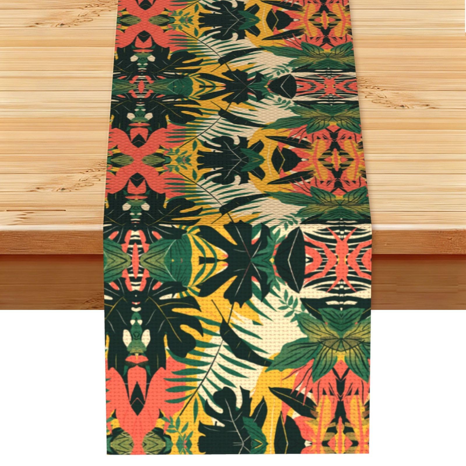 Bold Coral Black Leaf Printed Table Runner 13 x 72, Wrinkle Resistant Decor for Dining Table Coffee Table Fireplace
