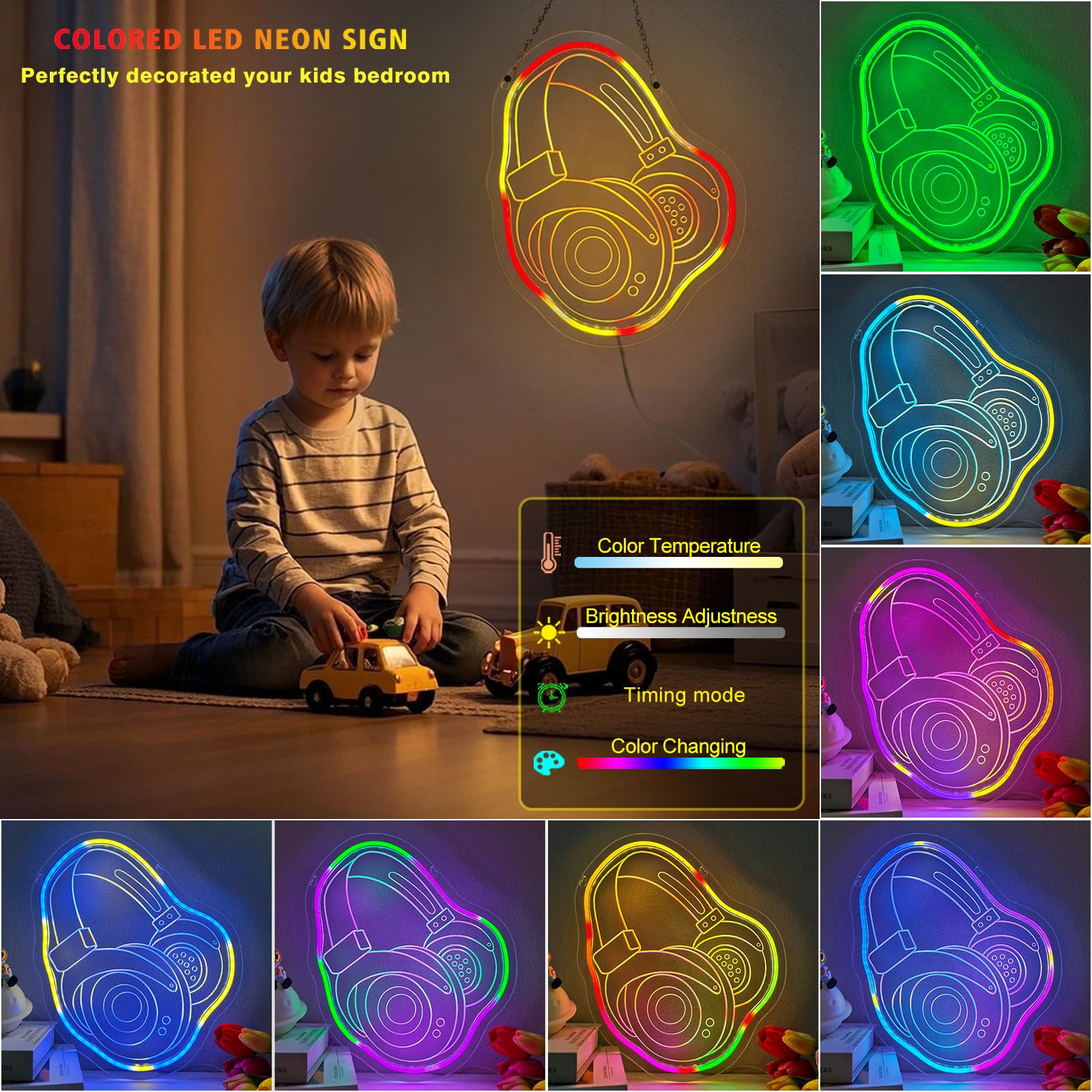 Insegna al neon con cuffie da gamer, regalo a forma di cuffie, luce notturna per bambini, con telecomando, dimmerabile, decorazione da parete per stanza dei giocatori, come regalo di Natale e