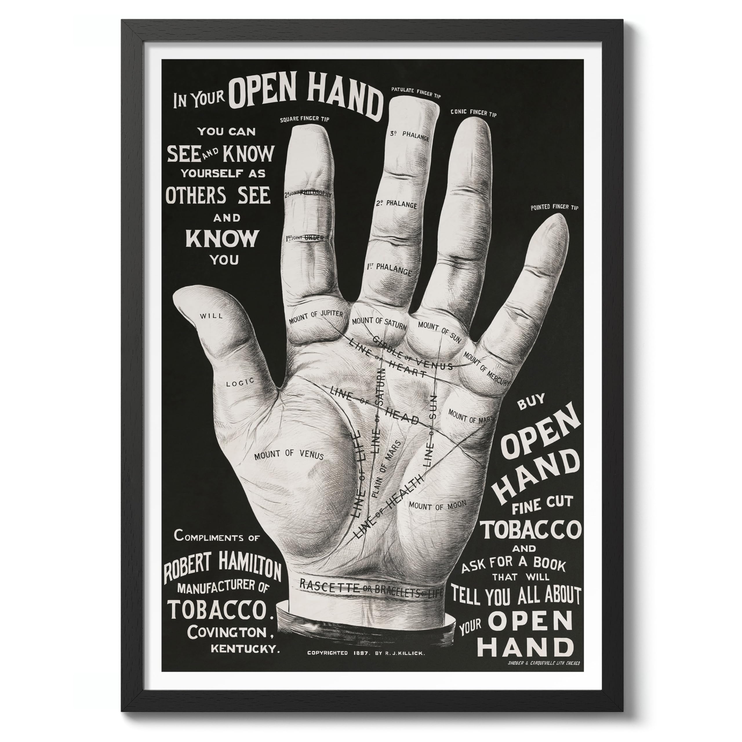 Open Hand, Palm Reading Vintage Advertisment Art Print, Retro Illustration Matchbox Wall Art Poster, Bedroom Home Decor Picture, A1 (Black Frame) - 86.9x62.4cm