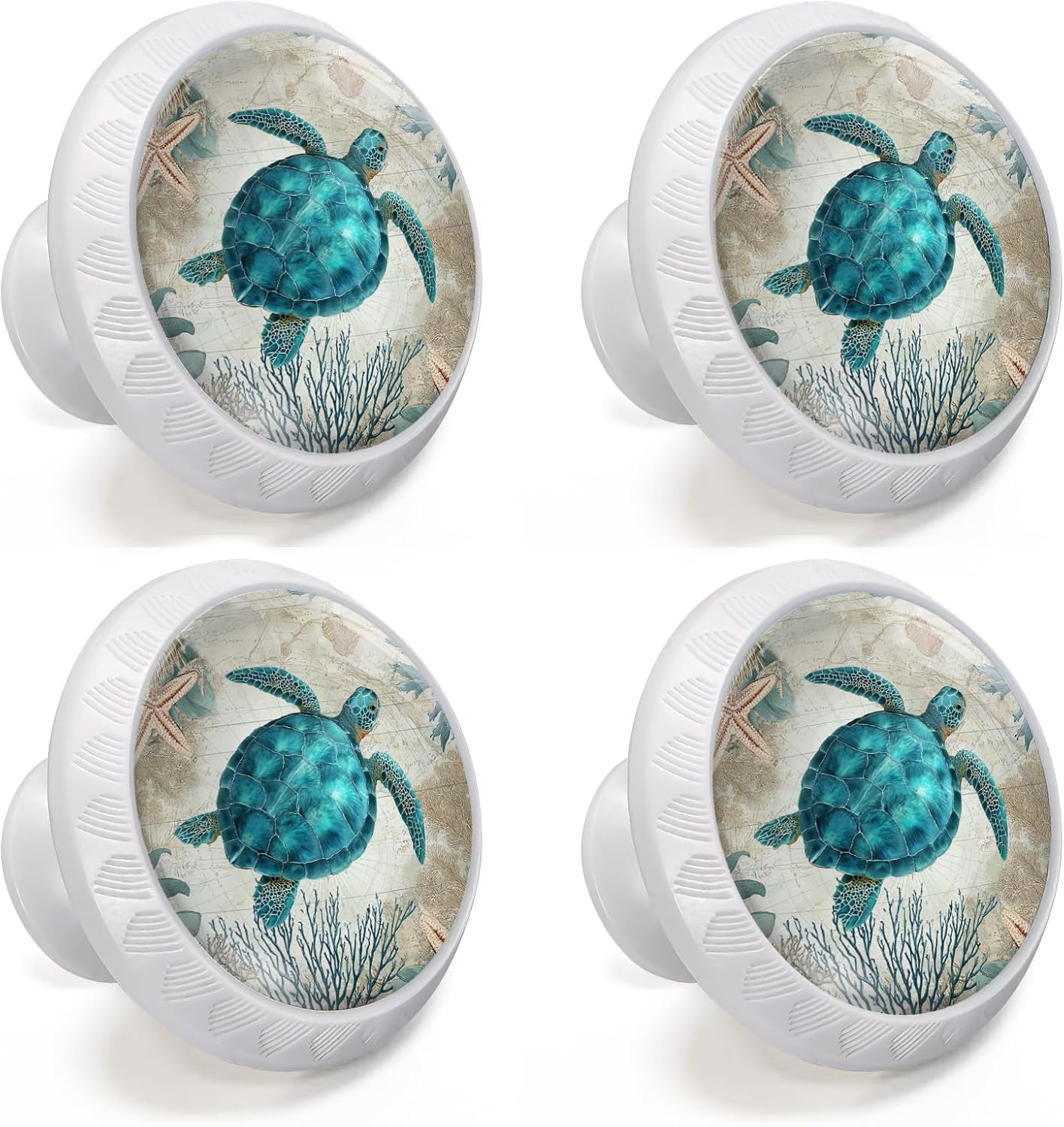 4 Pack Vintage Turquoise Sea Turtle Cabinet Knobs Round Drawer Pulls White Dresser Knob Cupboard Door Handles Hardware for Kitchen Bathroom Cabinets