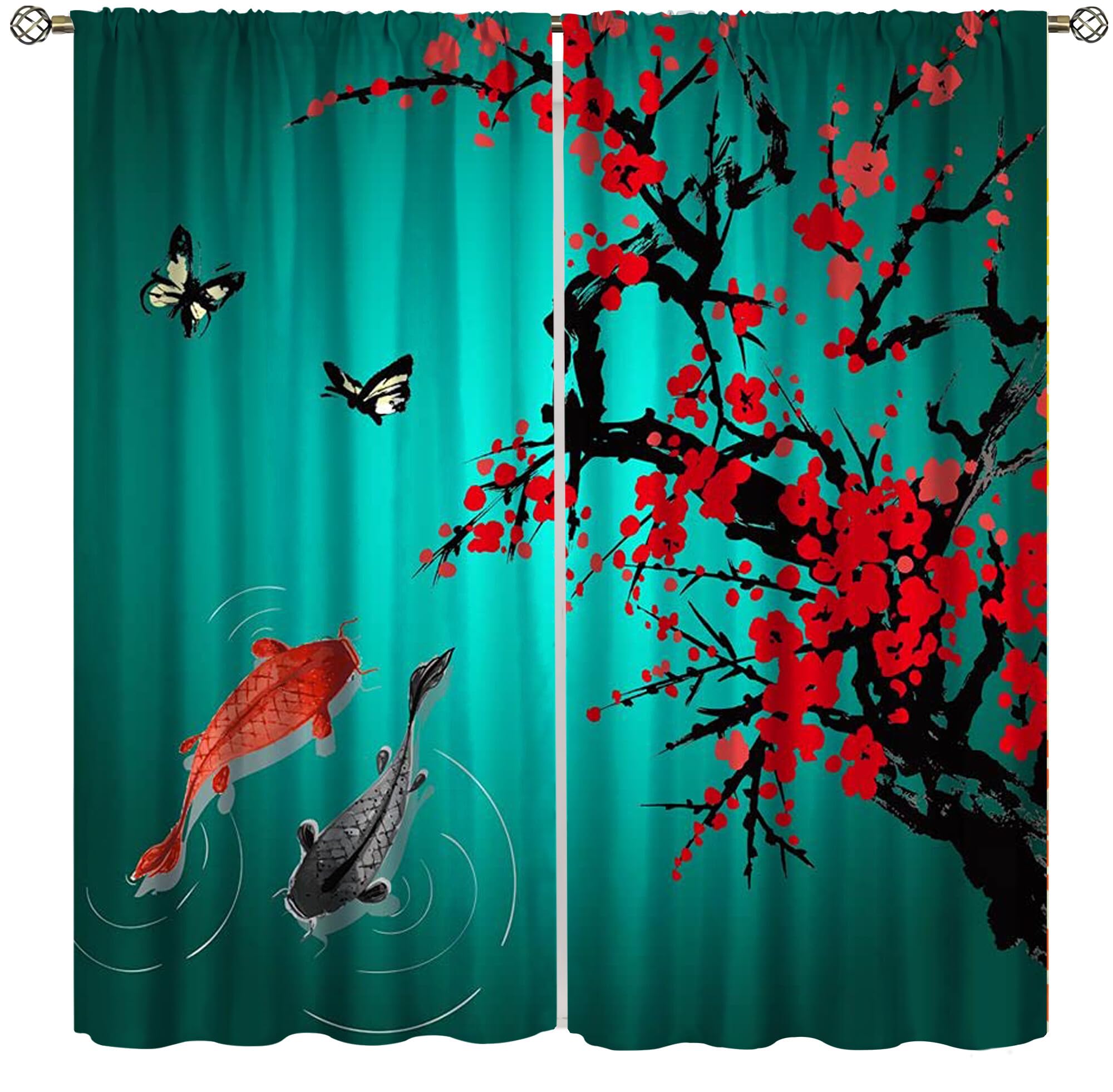 Japanese Cherry Blossoms Curtain, Asian Oriental Green Teal Flower Branch Koi Fish Carp Window Treatments for Living Room Bedroom, Traditional Ink