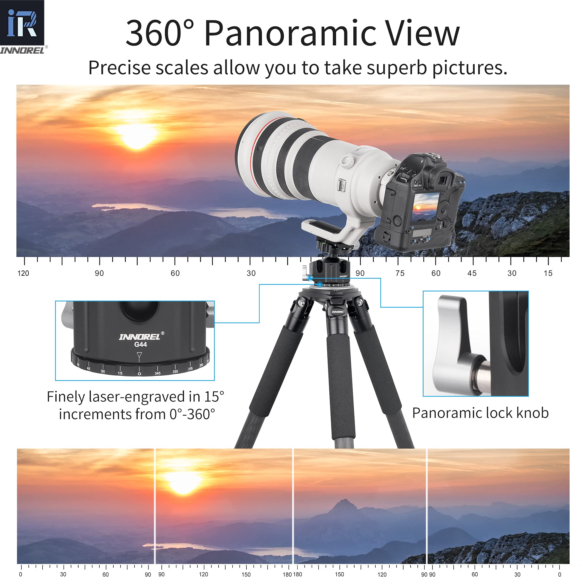 Cabezal de Bola de trípode de Perfil bajo-INNOREL G44 Rótula panorámica de trípode de cámara de Metal CNC con Placa de liberación rápida Arca Swiss de 1/4" para trípodes, monopié, DSLR, videocámara