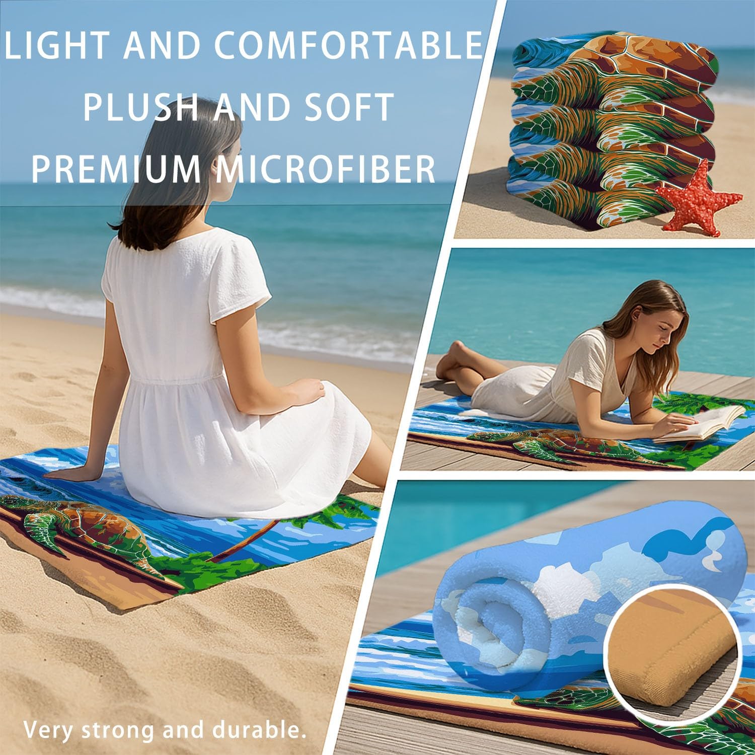 Cartoon, Strand, Sommer, Weiße Wolken Strandtuch 200 x 145 cm – Saugfähiges Schnell trocknendes Strandtuch Surfbretter, Meeresschildkröten, Blauer Himmel für Campen, Picknick, Ausflüge