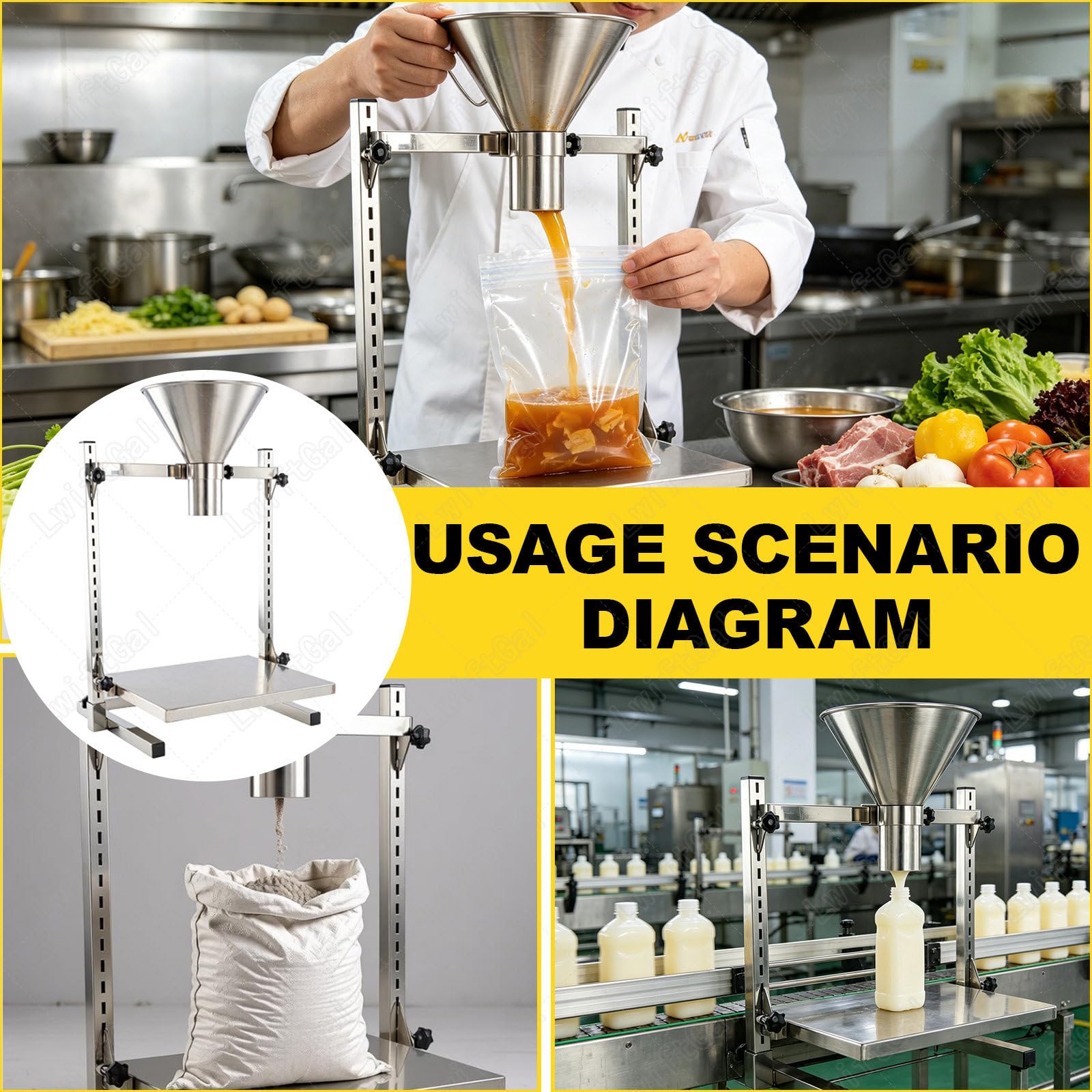 Embudo De Llenado Manual, Tolva De Alimentación De Acero Inoxidable 304 con Soporte, Bandeja Elevable Ajustable, Diseño De Boca Ancha, Tamaño del Puerto De Descarga Opcional 8cm