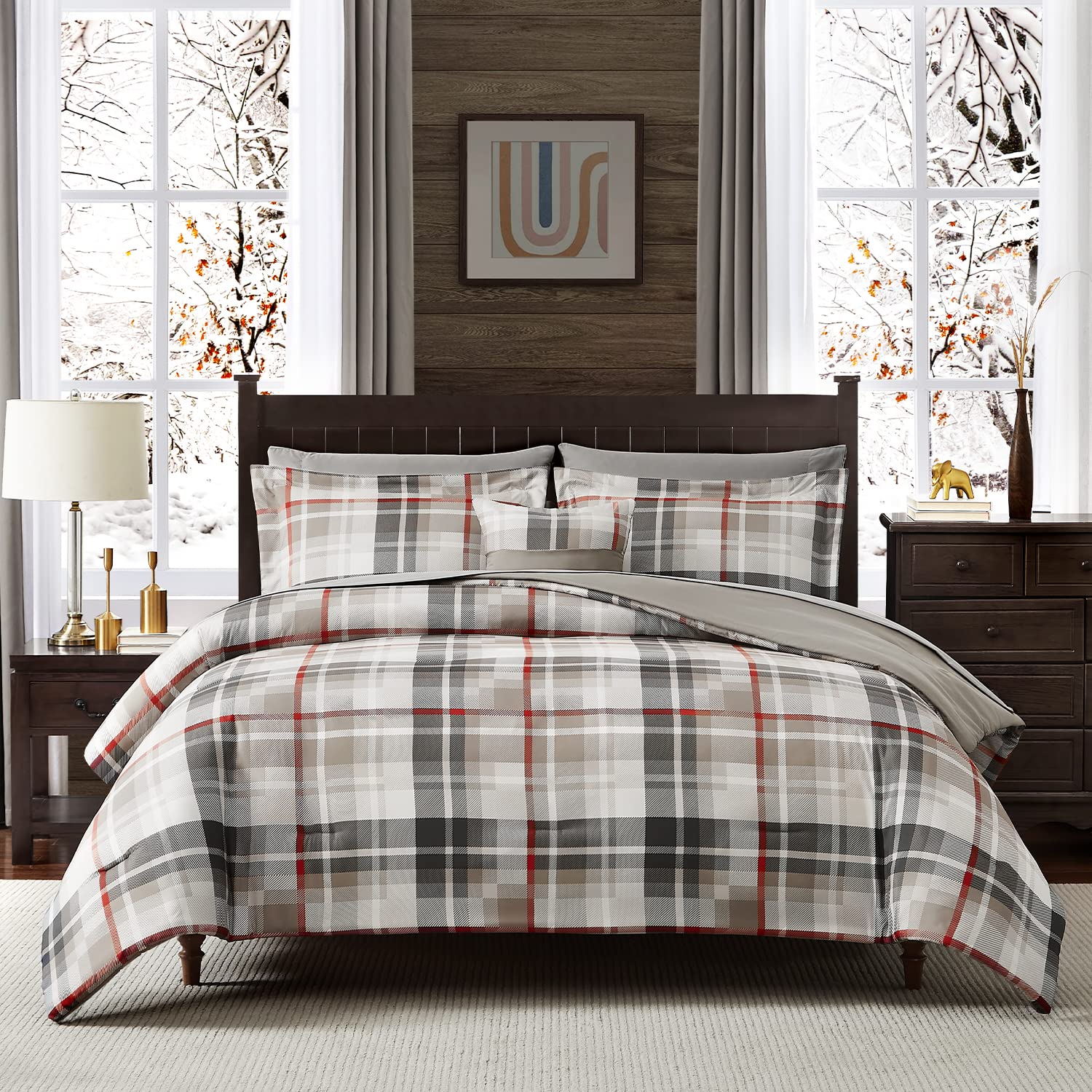 MaiRêve Queen Comforter Set, Plaid Design Comforter Set 8 Pieces, All Season Comfortable Bedding Sets Queen, Lightweight, Warm and Breathable (Khaki, Queen, 90"x90")