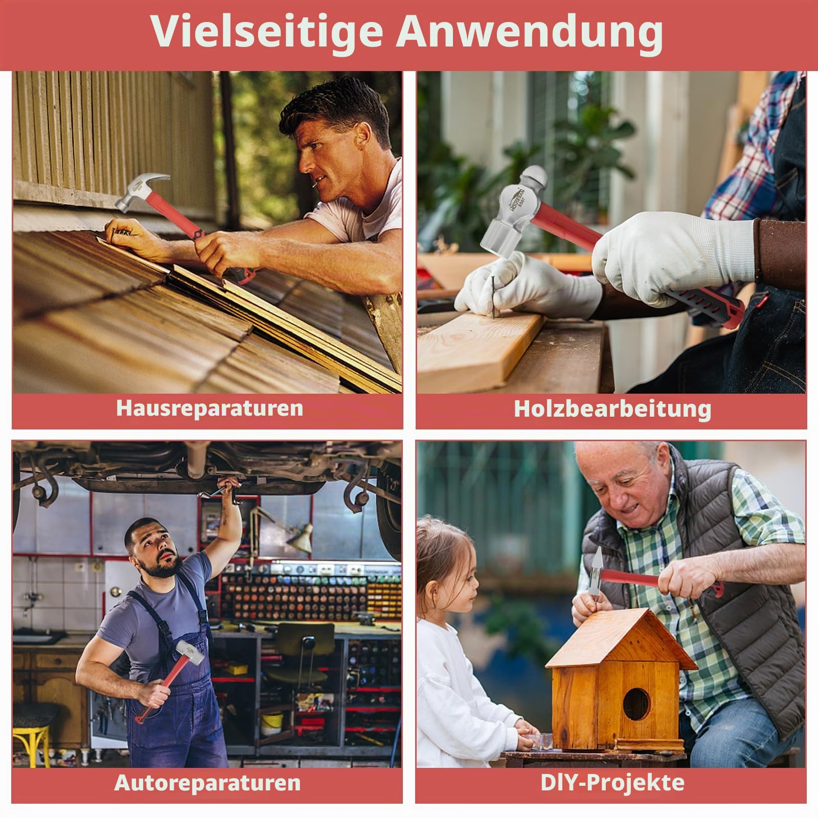 7-teiliger Hammer-Set aus geschmiedetem Stahl mit rutschfestem Griff - Werkzeug-Set mit Schlosserhammer, Spitzhammer, Vorschlaghammer, Gummihammer für Heimwerker und Bauarbeiten