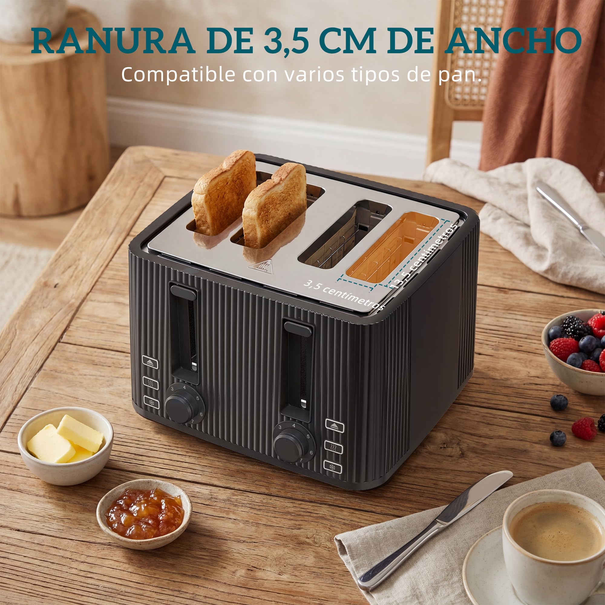 HOMCOM Tostadora 4 Ranuras Anchas 7 Niveles de Tostado, 1710W, Negro | Tostador de Pan, Función Descongelar, Recalentar y Cancelar, Bandeja de Migas Extraíble