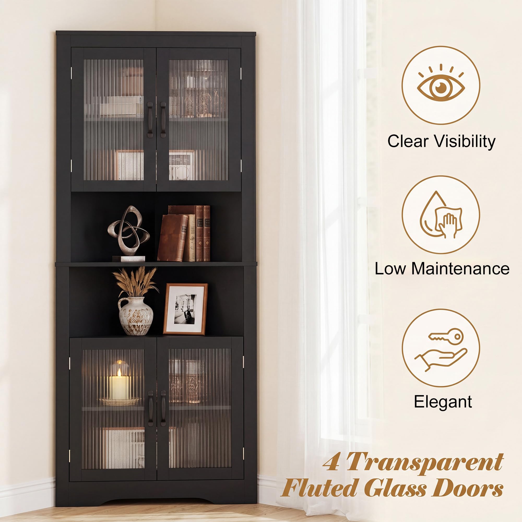 LIFEZEAL Mobile Bagno Angolare Salvaspazio, Armadio Bagno ad Angolo 66 x 35 x 171 cm, Credenza Cucina, Dispensa, con 6 Scomparti, 4 ante e 2 Ripiani Aperti, per Soggiorno, Cucina (Nero)