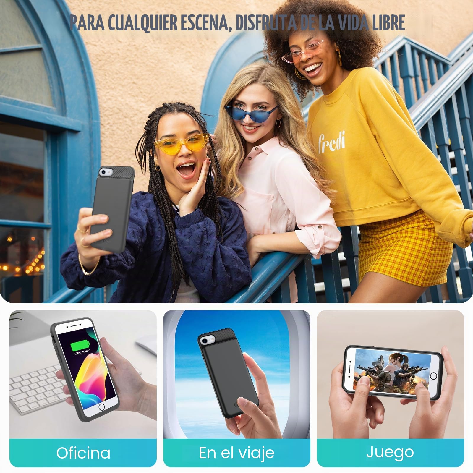 BOPPS Funda de batería para iPhone SE (2022/2020), 6000 mAh, protección de 360°, recargable, batería extendida, fundas de carga para iPhone SE (3ª y 2ª generación)/8/7/6s/6-4.7 pulgadas, color negro