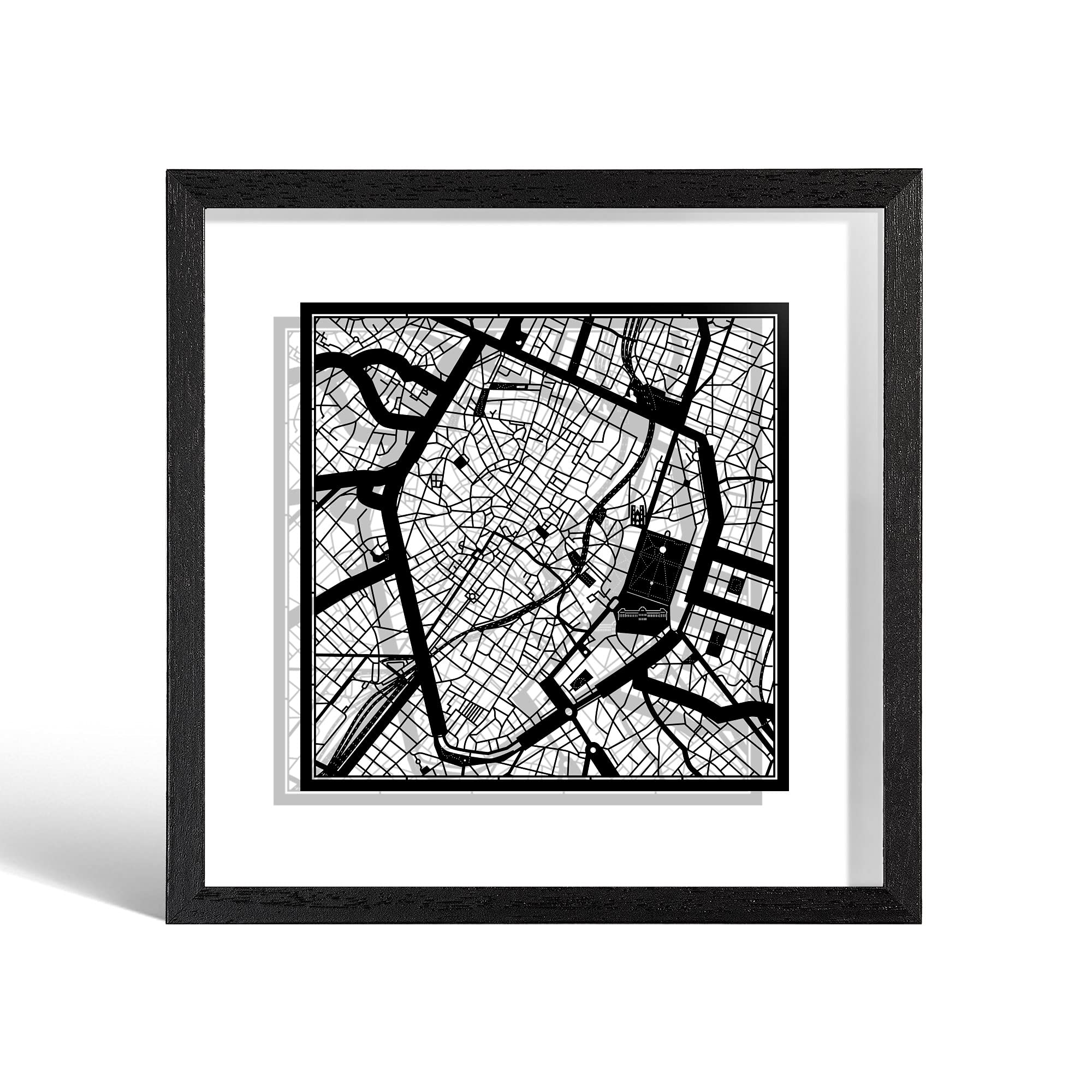 O3 DESIGN STUDIO Brussels Paper Cut Map framed, Black map, Black frame, 23x23 cm, Gift Boxed, 2 background color, self-changing, Paper Art