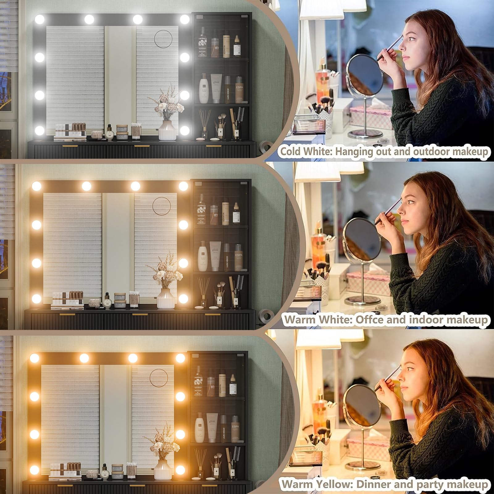 Yanosaku 47" Fluted Vanity Desk with Mirror & LED Lights, 7-Drawer Makeup Vanity with Glass Top & Cabinet, Vanity with Chair & Charging Station, 3 Lighting Modes, for Bedroom, Natural Oak: 7 Drawers Black