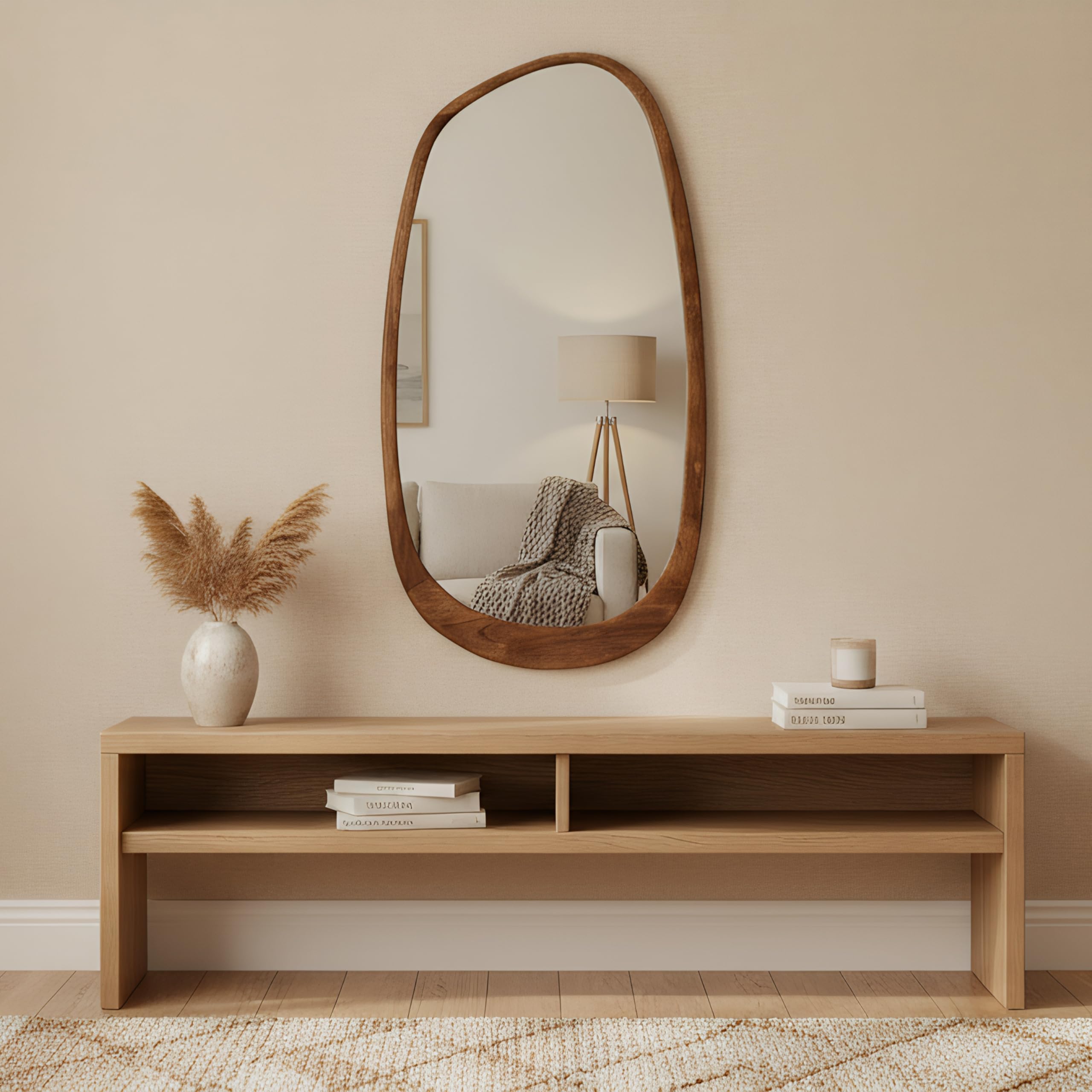 Asymmetrischer Spiegel, 97x50cm Unregelmäßiger Wandspiegel mit Holzrahmen | Cagnolier Asymmetrischer Wandspiegel, Rahmen aus Massivholz, Ganzkörperspiegel Holzrahmen für Wohnräume, Zimmer, Badezimmer