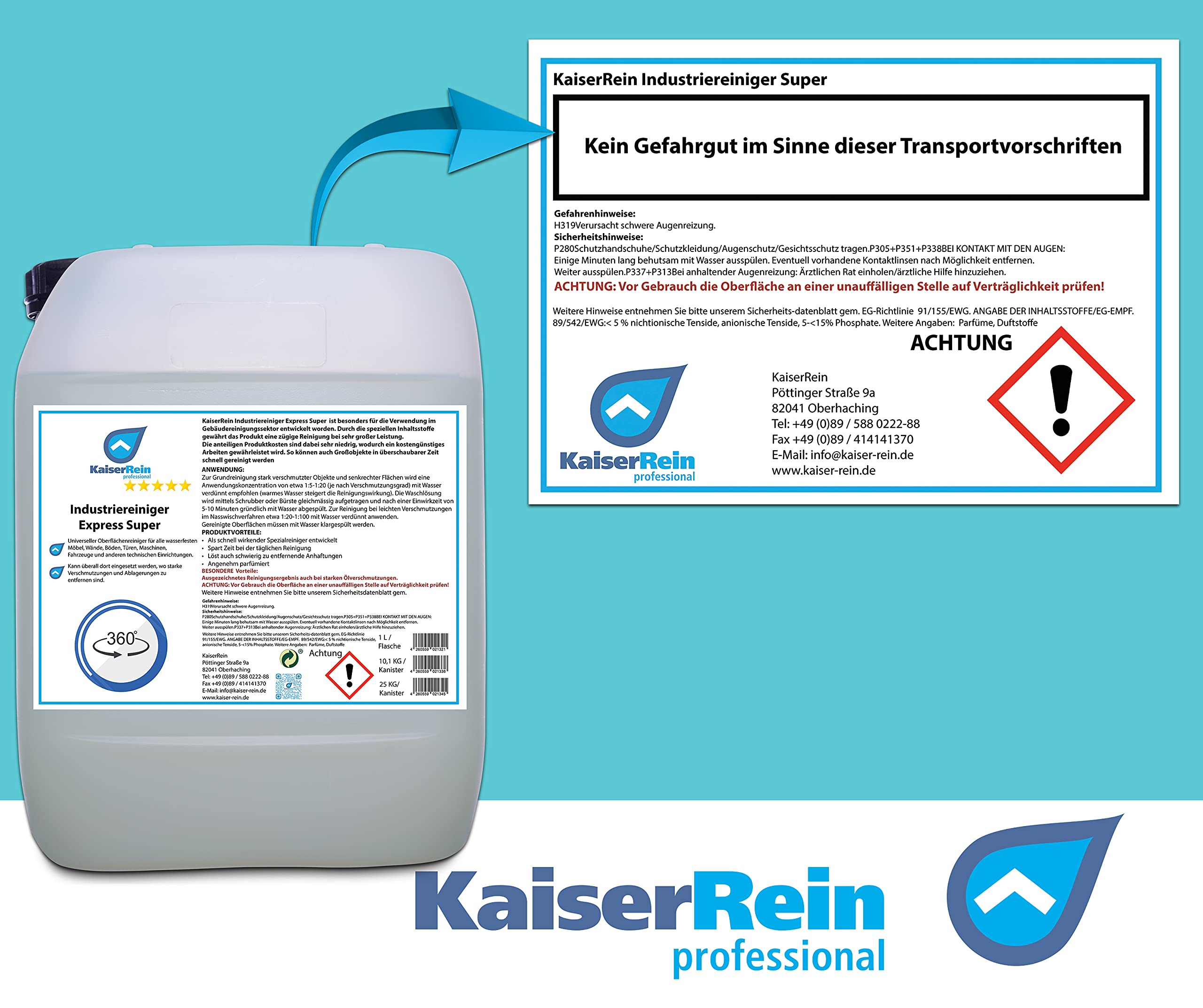 KaiserRein Industriereiniger Express Super 10 L Kanister Universeller Oberflächenreiniger für alle wasserfesten Möbel, Wände, Türen, Maschinen, Fahrzeuge und anderen technischen Einrichtungen
