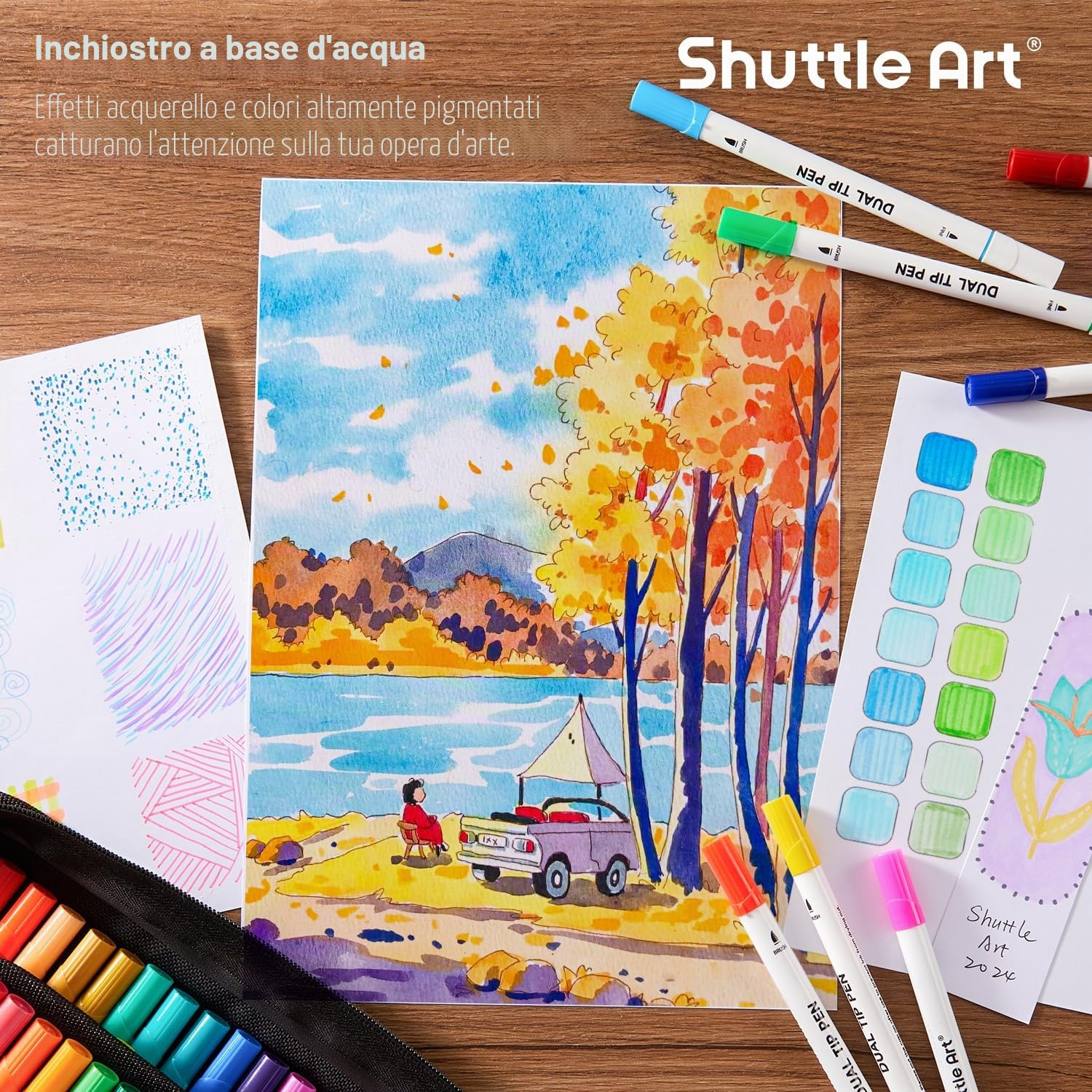 Shuttle Art 70 Brush Pen Lettering, Pennarelli Doppia Punta Fine e Punta Pennello con Custodia Portatile e 1 Libro da Colorare, per Adulti Bambini