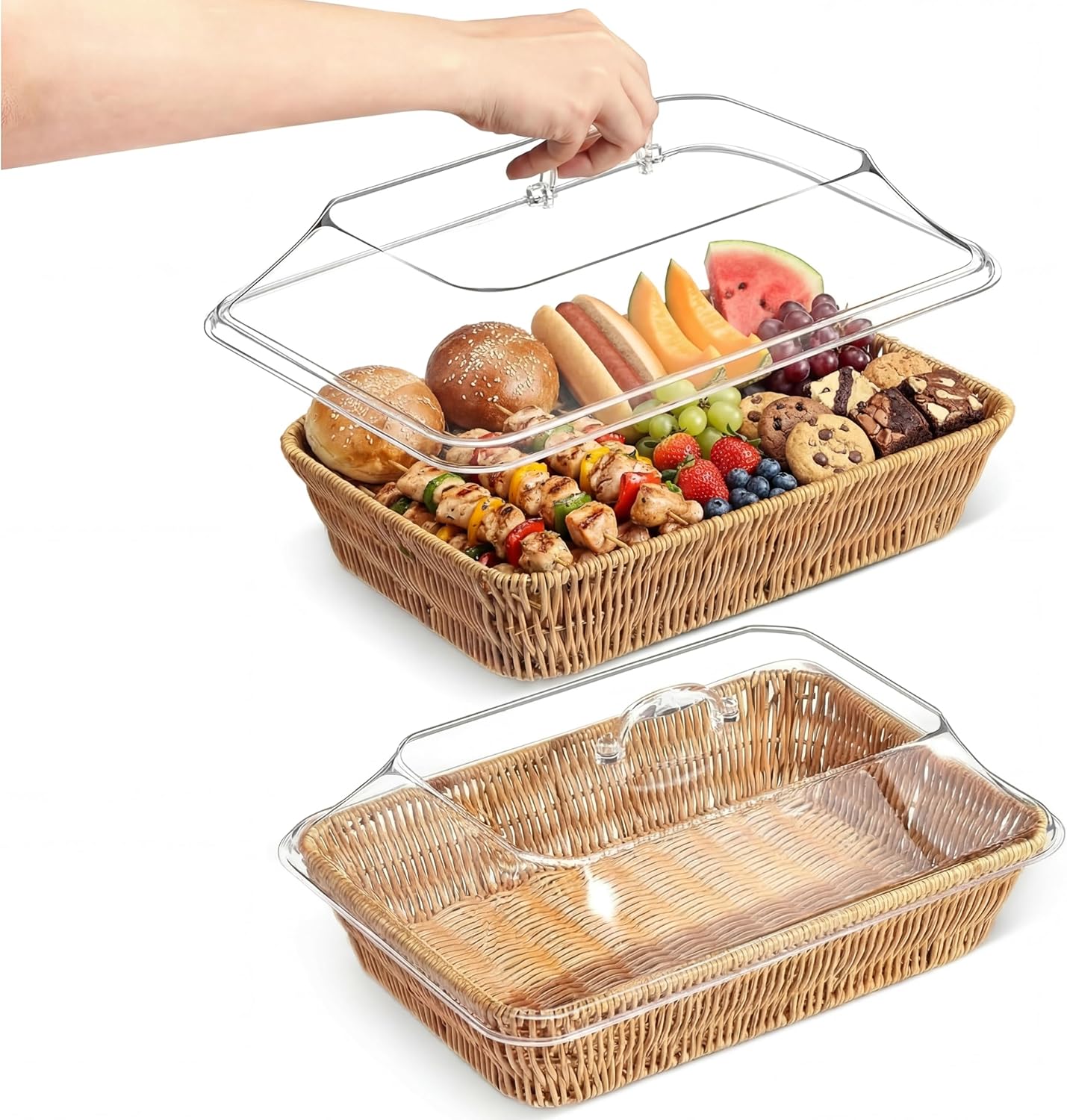 Ziliny 2 Set Wicker Bread Basket for Serving with Acrylic Lid Cover Imitation Rattan Bread Basket Woven for Fruit Summer Picnic BBQ Pool Party Outdoor Housewarming Gift(15.75" X 11.81",13.78" X 9.84")