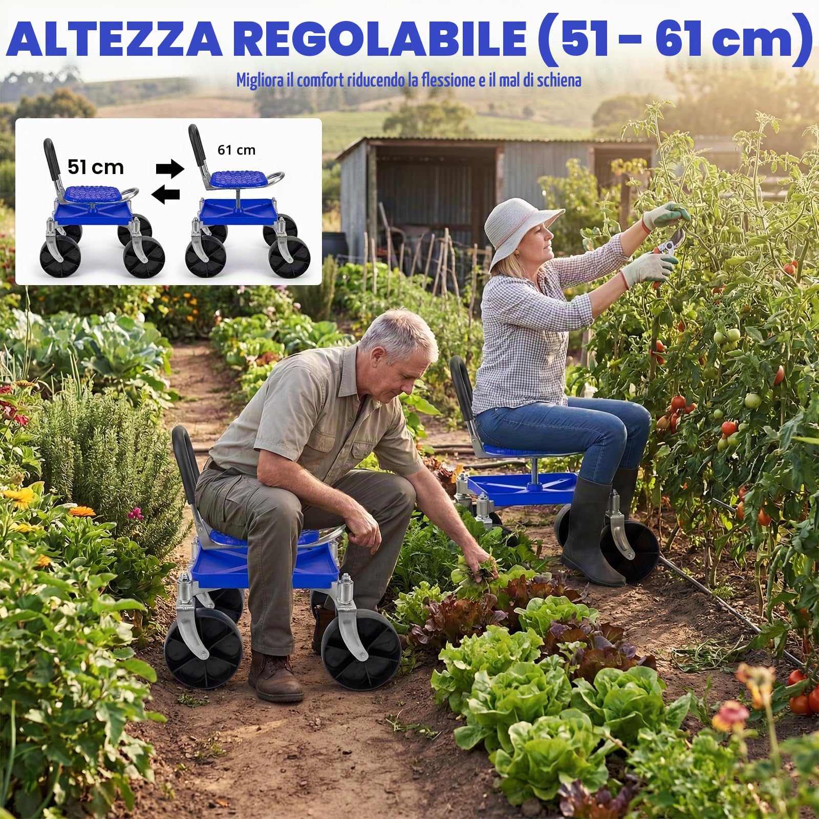 Sgabello da giardino con ruote da 150 kg - Sedile girevole a 360° e ruote, regolabile in altezza da 51-61 cm - Sgabello robusto per giardino e garage con guanti per diserbo, piantare e pulire l'auto