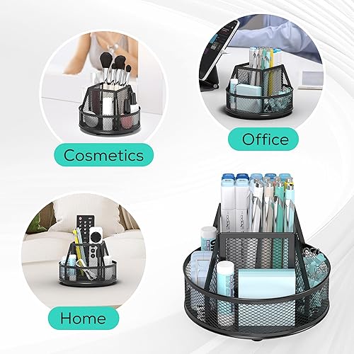 Miniatura 5 de YINGHUA Organizador de escritorio de malla metálica con 5 compartimentos y soporte giratorio para lápices y organizador de artículos de papelería