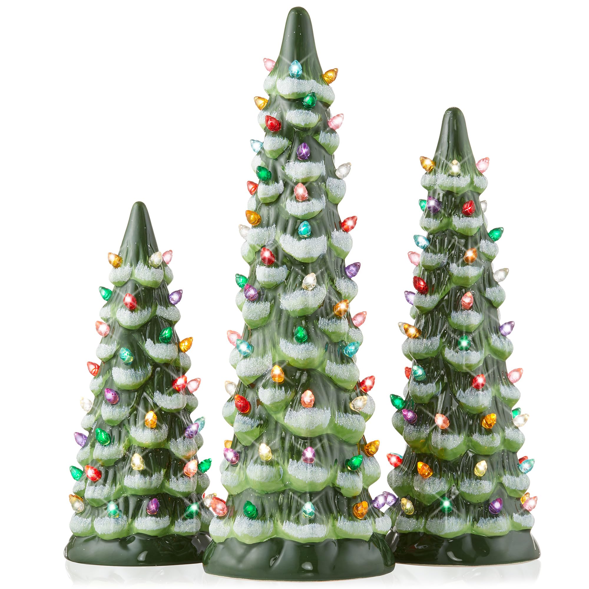 Casafield Lot de 3 sapins de Noël en céramique peints à la main – Vert neige floquée – Arbres pré-éclairés de 20,3 cm, 25,4 cm, 30,5 cm avec lumières multicolores