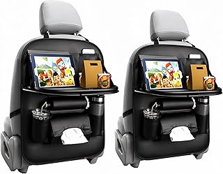 EAQ 2 Stück Rückenlehnenschutz Auto Kinder mit faltbarem Tischtablett, PU-Leder-Auto Organizer,Autositz Organizer Mit Faltbarer Esstischhaltertasche, Rücksitz Organizer