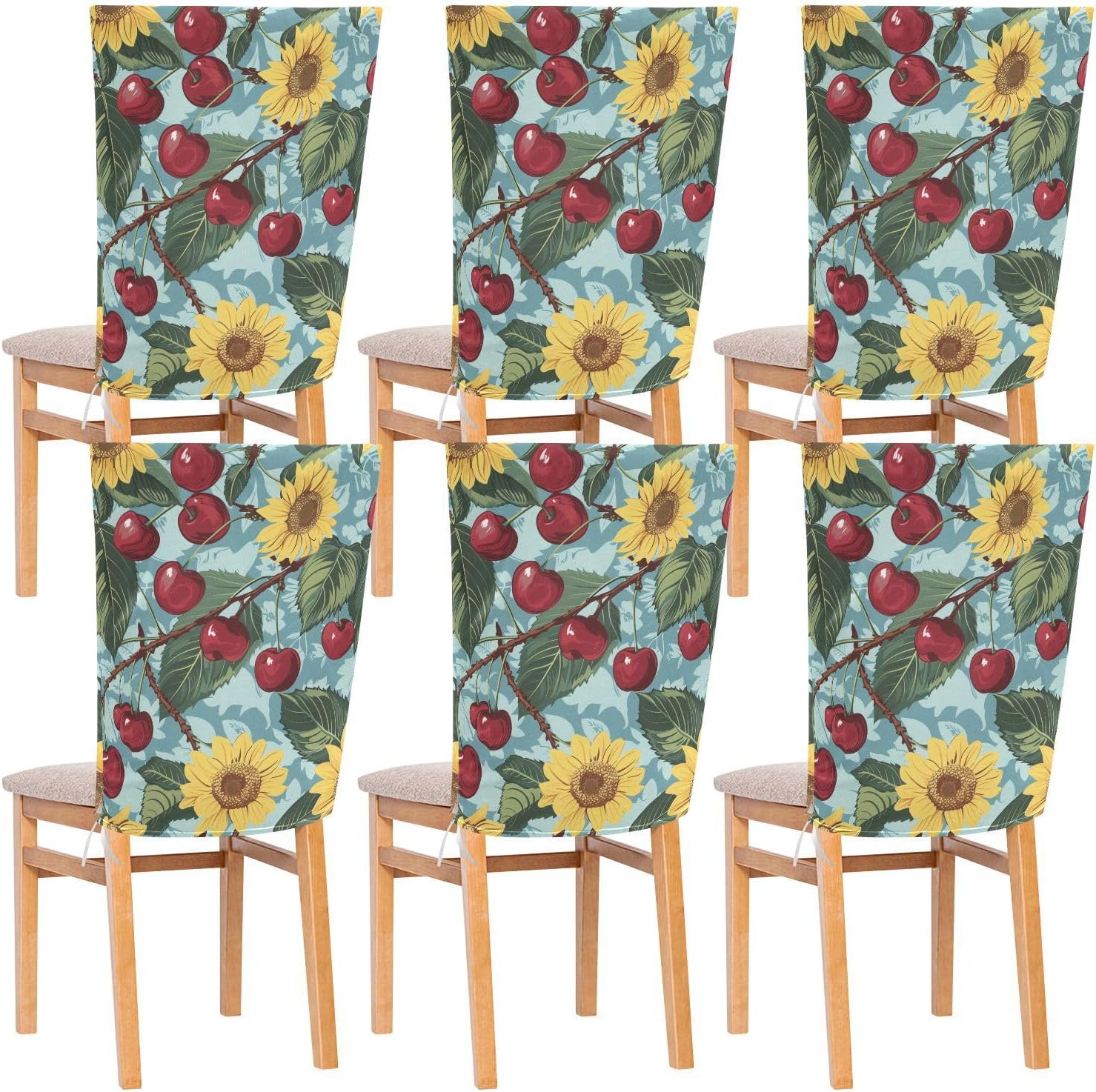 ALAZA Cherry and Sunflowers Chair Back Cover Set of 6, Washable Reusable Removable Chair Slipcovers Decorative Chair Cover for Home Kitchen Wedding Party