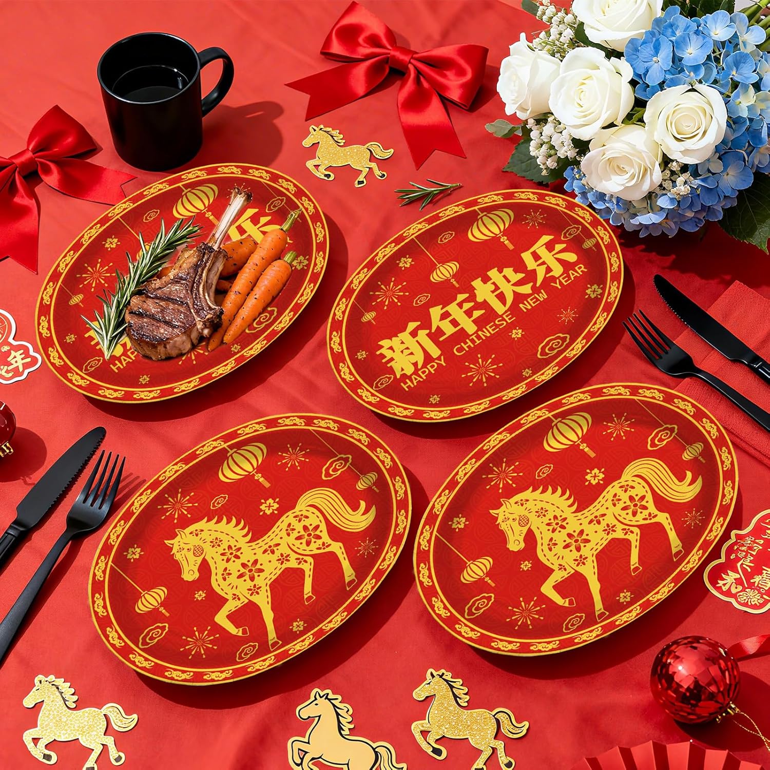 50Pcs Chinese New Year Oval Paper Plates 10"x12" Large Red Gold Horse Plates Disposable Heavy Duty Horse Theme Dinner Platters for Spring Festival Lunar New Year Party Decorations 2026 Party Supplies - Image 6