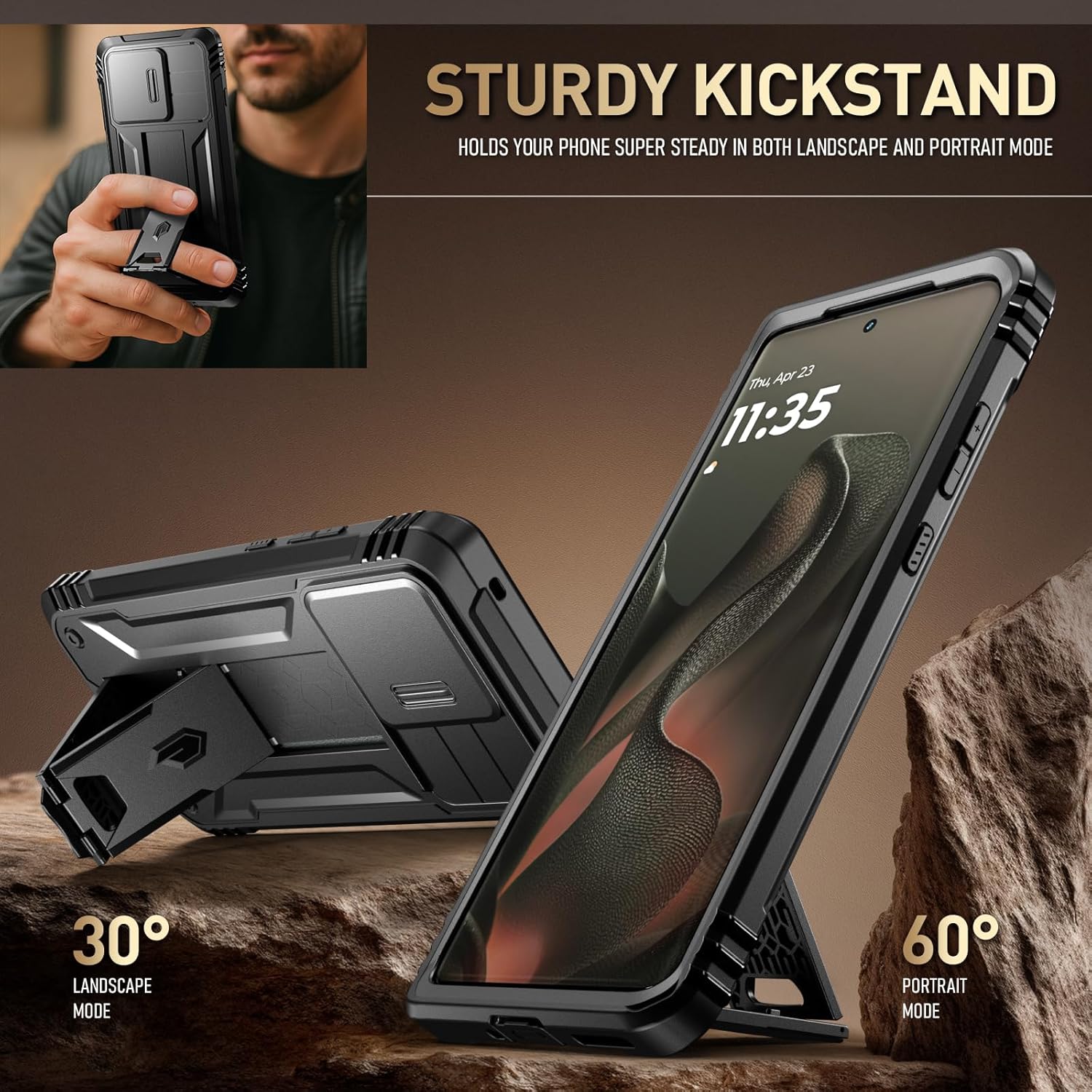 Poetic Revolution Case for Motorola Moto Edge 2025 [Not for 2024 Version], [Slide Camera Cover], Full-Body Military Grade Rugged Shockproof Cover with Kickstand and Built-in-Screen Protector, Black