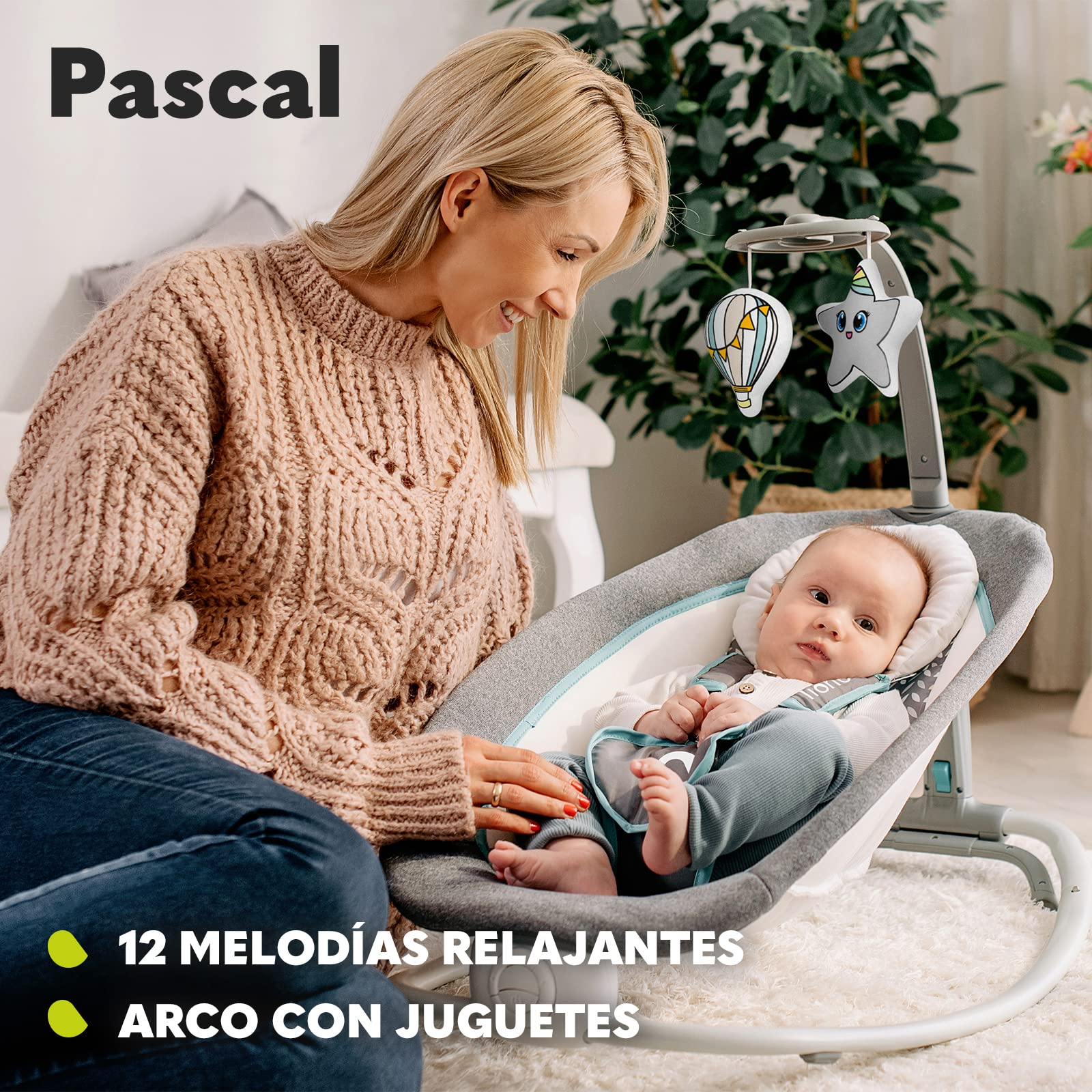 LIONELO Pascal baby bouncer delicadas vibraciones 12 melodías incorporadas con control de volumen ajuste del respaldo barra de juguetes interactivos plegable a tamaño compacto (Grey Scandi)