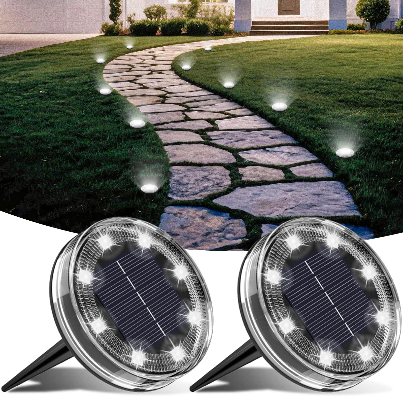 LOTMOS 6 Paquetes Luces Solares LED Exterior Jardin Suelo, 8 LED Impermeable Luz Solar Exterior Jardín, Lamparas Solares Suelo Camino, Terraza, Patio, Césped, Blanco Cálido — view 5