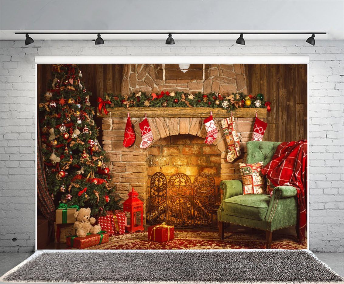 3 x 2 m Merry Christmas Photography Background Fireplace Interior Background Christmas Trees Red Bow Stocking Family Party Decoration Winter Holiday Home Party Photo Prop
