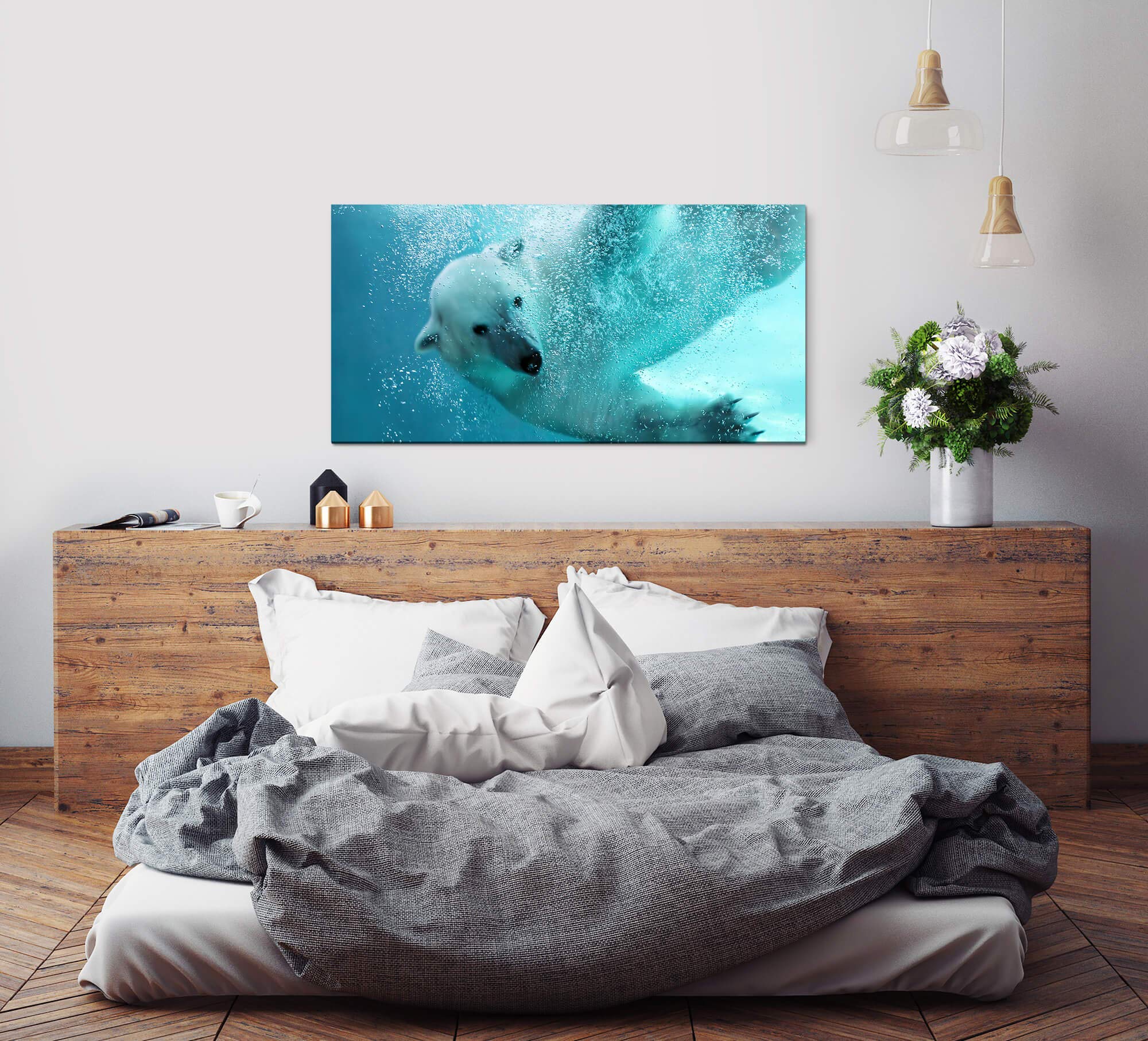schwimmender Eisbär ca. 130x70cm Wandbild inklusive Schattenfugenrahmen weiss - Panorama Leinwand Bild XXL Format Wandbilder Wohnzimmer Wohnung Deko Kunstdrucke