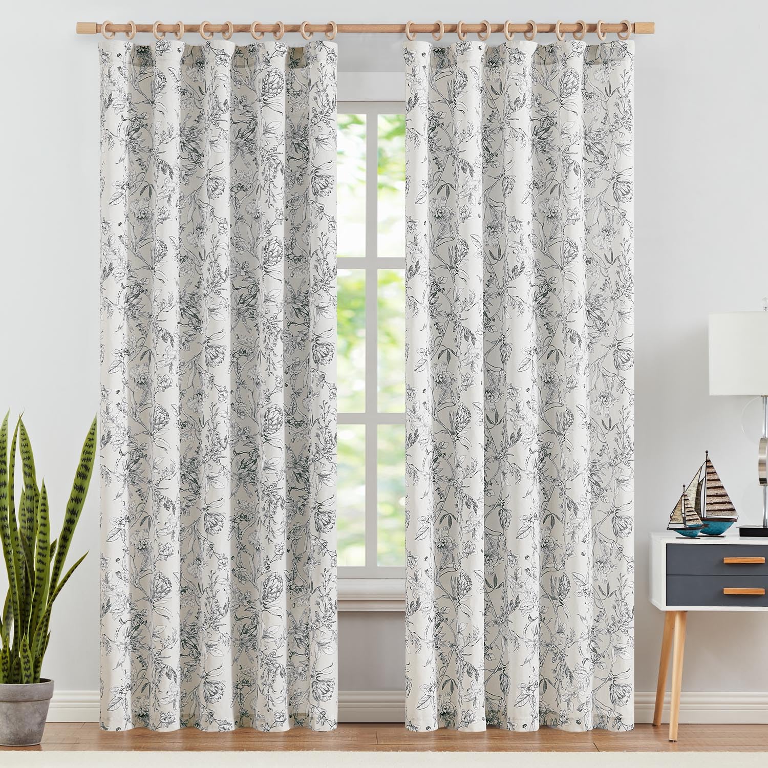 Amazon.com: jinchan Floral Curtains 84 Inches Long Black Flower Linen Farmhouse Curtains for ...