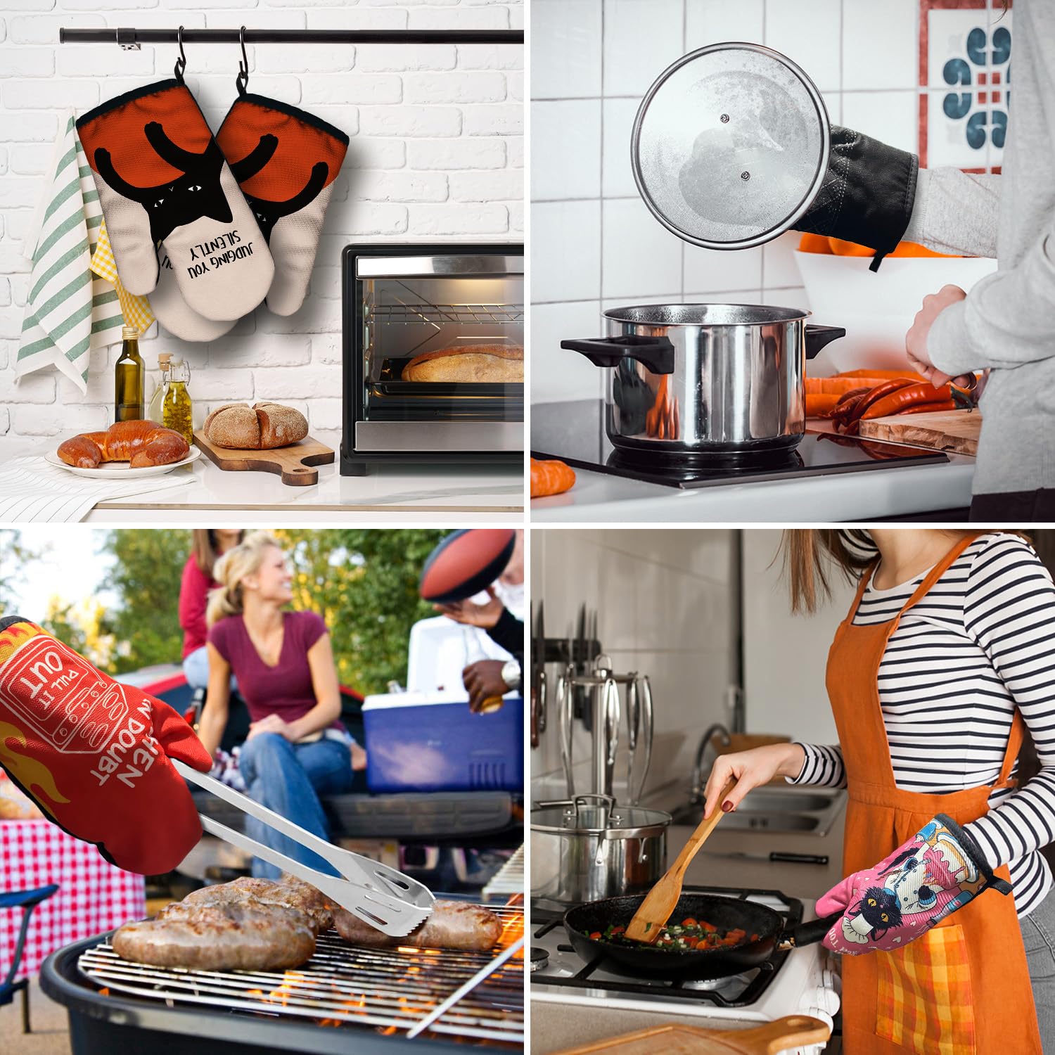 Divertidos accesorios de cocina para cocinar y hornear con silicona resistente al calor, antideslizantes, juego de 2 manoplas de horno para juzgar silenciosamente, regalos para amantes de los gatos
