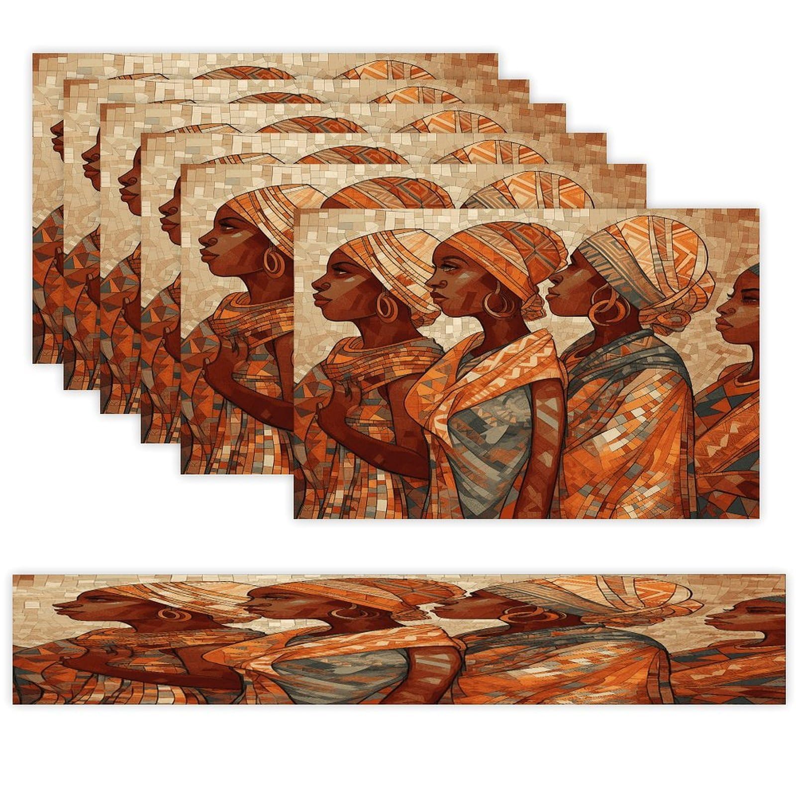 Africa Ethnic Pottery Table Runner and Placemats Set of 6 Wipe Clean Heat Resistant Table Mat with Table Runner Decorations Flax Linen Place Mat Set for Home Kitchen Party Supplies