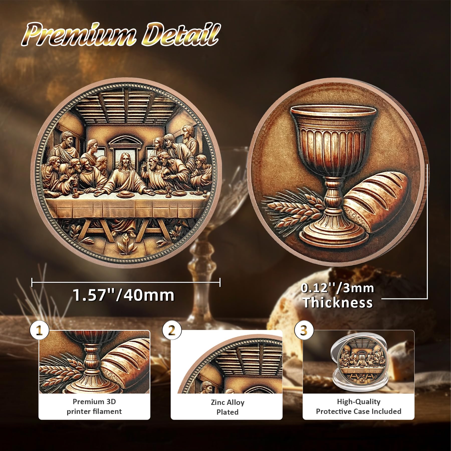 Christliche Herausforderungsmünze "Das letzte Abendmahl", Jesus Eucharistie, religiöser Kupfer-Token, Kunstgott, Taschen-Bibelversen, Münzen für Studium, Glück, Gedenkgeschenke für Männer, Frauen