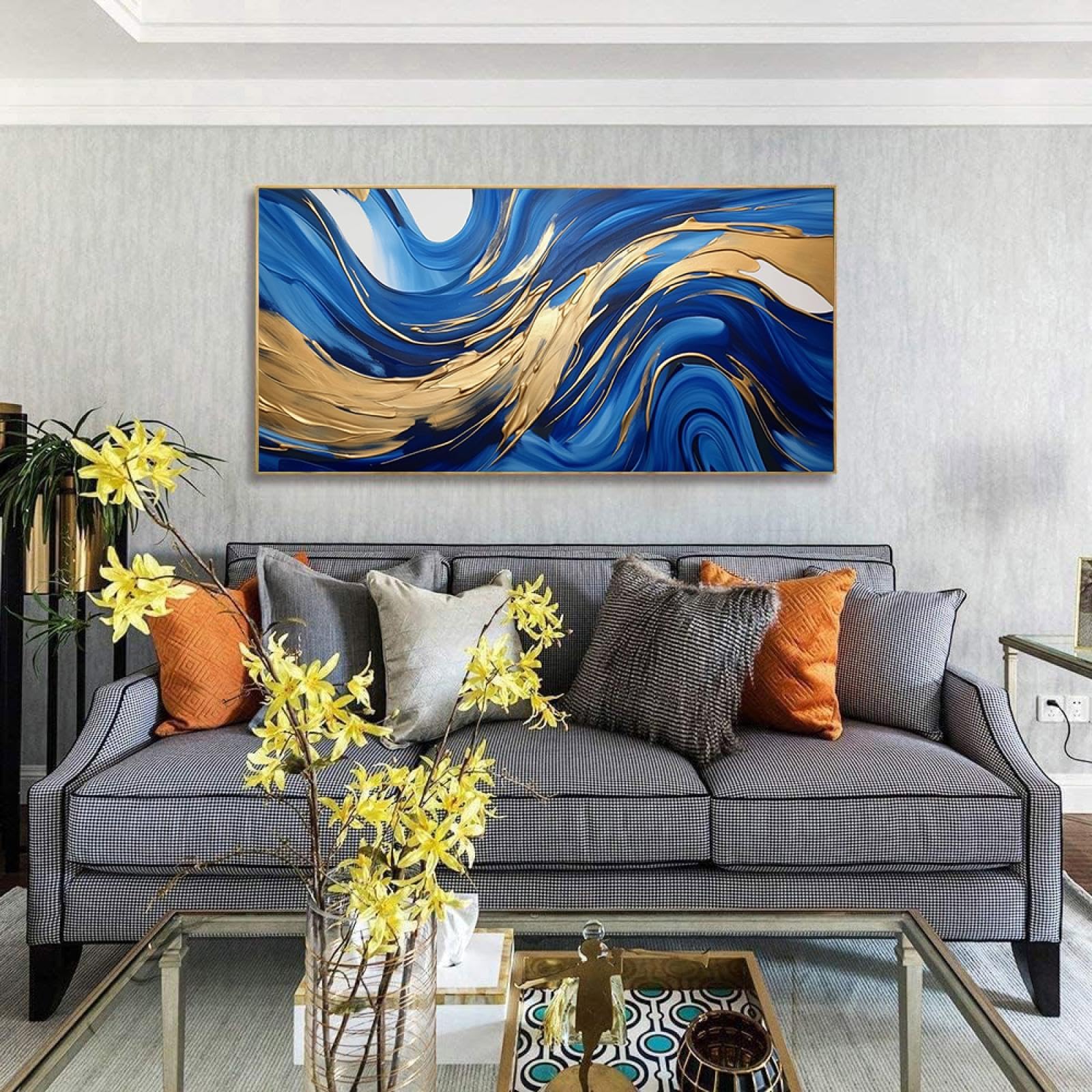 Großes Gerahmtes Wandbild, Abstrakt Blau-gold – 3-teilige Leinwand Für Wohnzimmer, Schlafzimmer, Büro