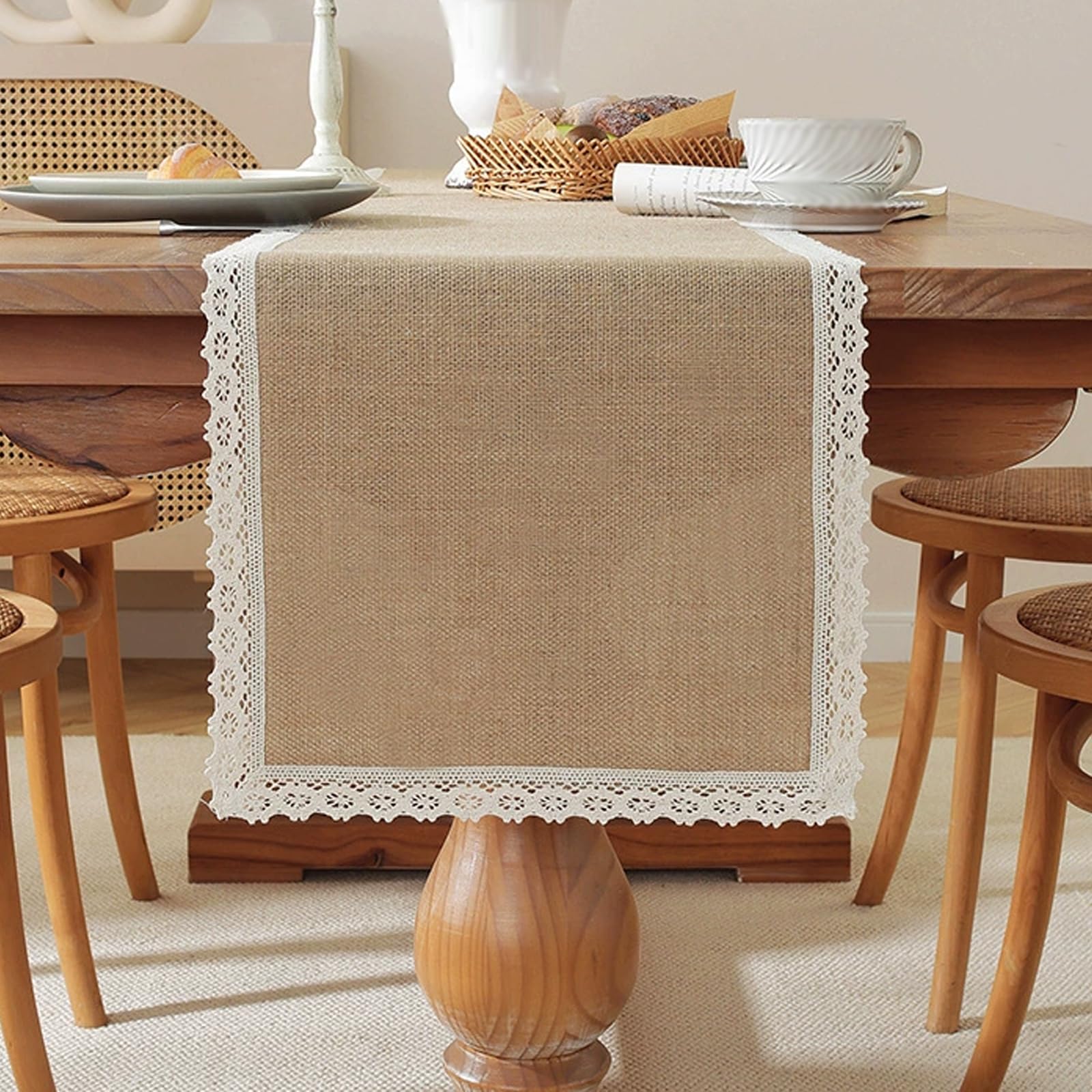 Burlap Table Runner With Lace Natural Jute Braided Farmhouse Dresser Non-Slip Machine Washable For Spring Summer Parties Living Room Style A(30*240cm/12*95 in)