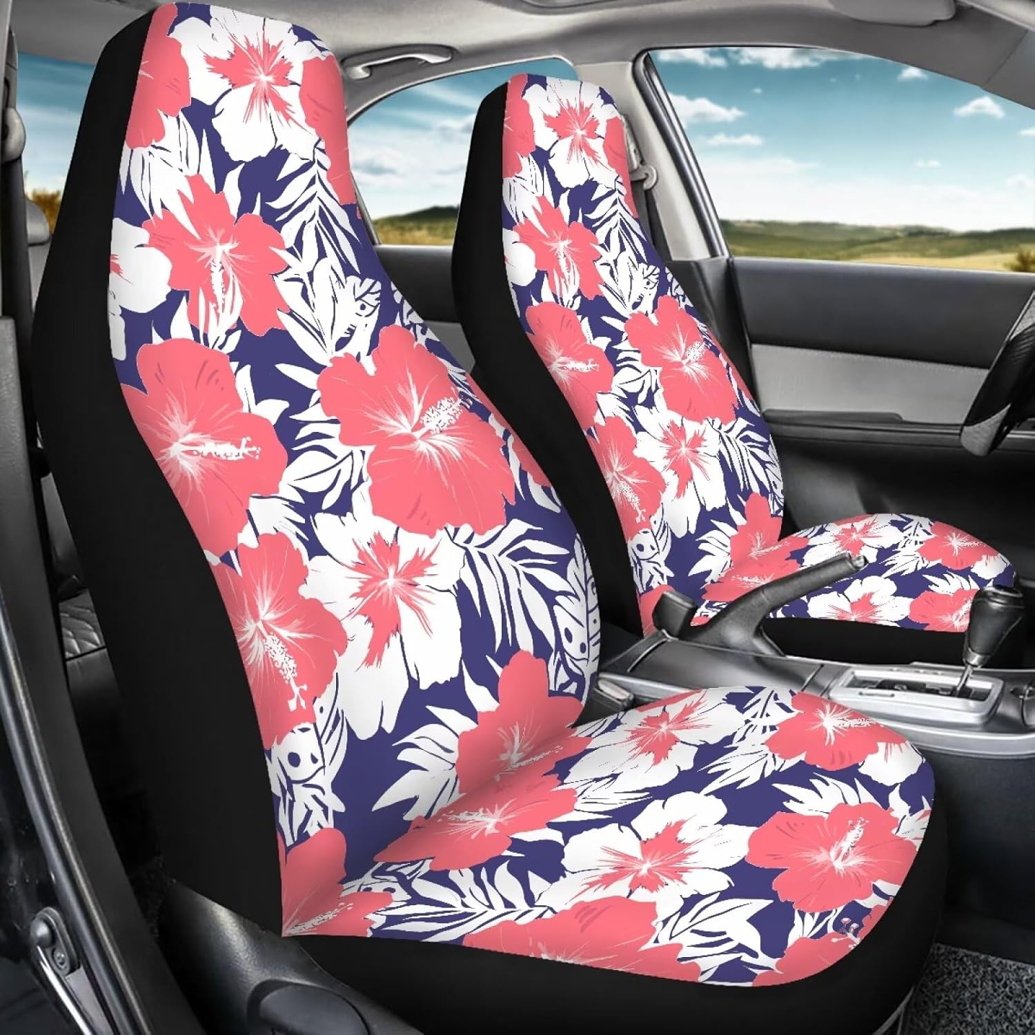 Pink Hibiscus Car Seat Cover Front Seats Only,Comfort Driver Seat Cover Soft Saddle Blanket Cushion Cover Fit for Cars, Sedans, SUVs, Trucks