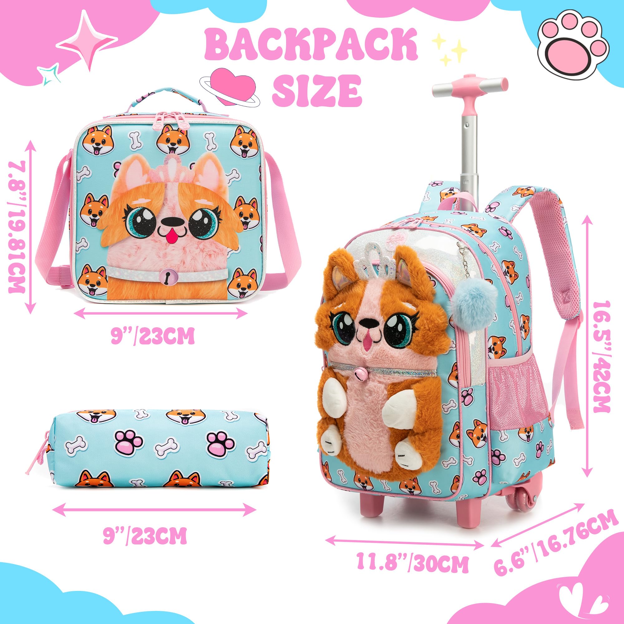 HTgroce Cartable a Roulette Fille Primaire Sac à Roulette Fille Maternelle Un Sac à Lunch et Un étui à Crayons 7 Ans