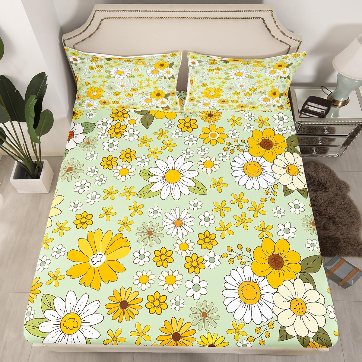 Castle Fairy Vintage Floral Fitted Sheet Queen Size,Boho Spring Fresh Flowers Bedding Set,Trippy Hippie Groovy Botanical Ultra Soft Breathable