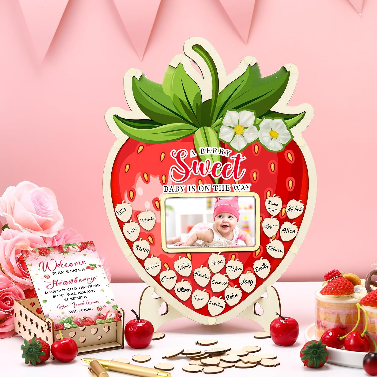 Wenqik 63 Pcs Strawberry Baby Shower Guest Book Alternatives Set Baby Shower Decorations with Photo Frame Sonogram Frame Keepsake 60 Wood Slices Guest Book for Birthday