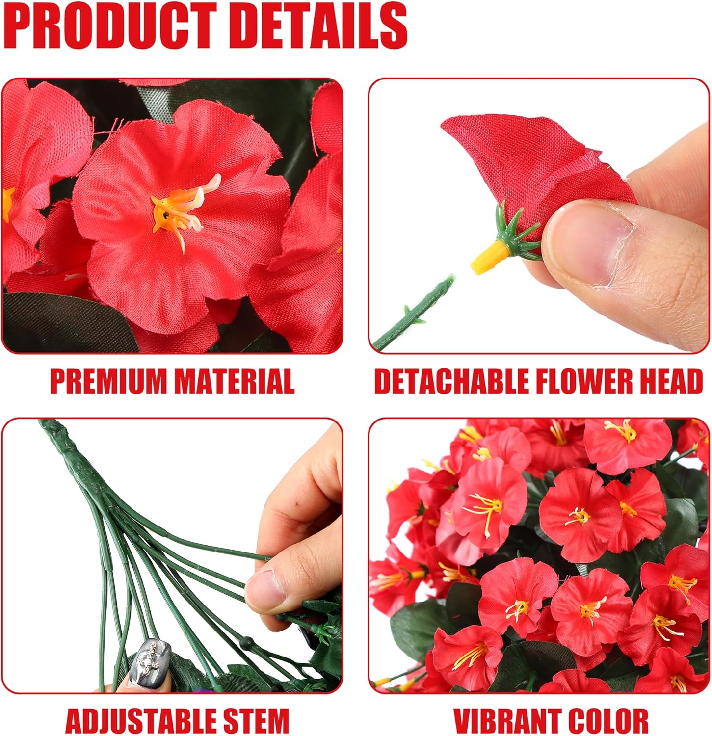 Sggvecsy Artificial Fake Hanging Flowers Plants for Outdoor Outside Spring Summer Decoration 4PCS Faux Silk UV Resistant Realistic Morning Glory Trailing Vines for Home Porch Patio Balcony(Red) - Image 7