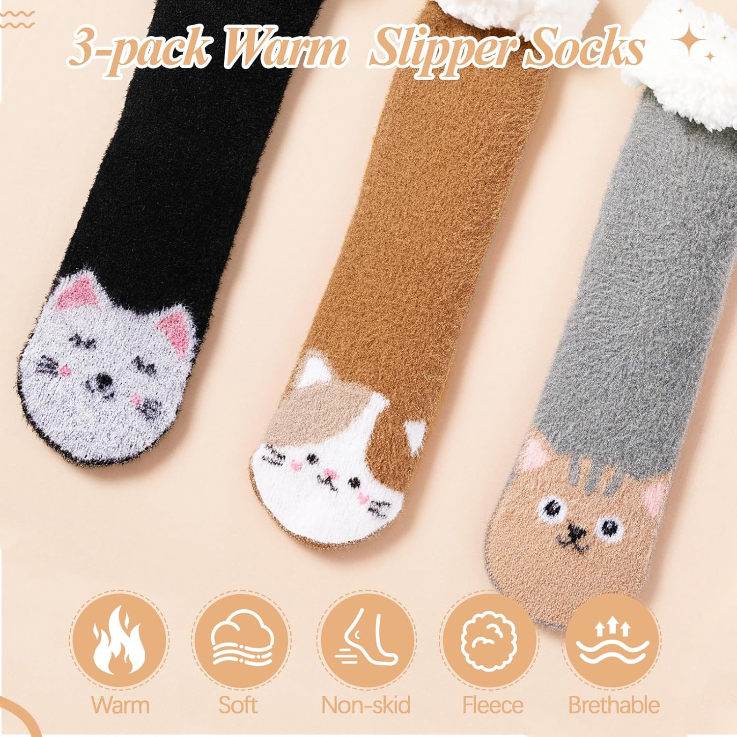 Foaincore 3 Pairs Cat Fuzzy Slipper Socks for Women with Grips Warm Winter Cozy Lined Socks Fluffy Christmas House Gifts - Image 4