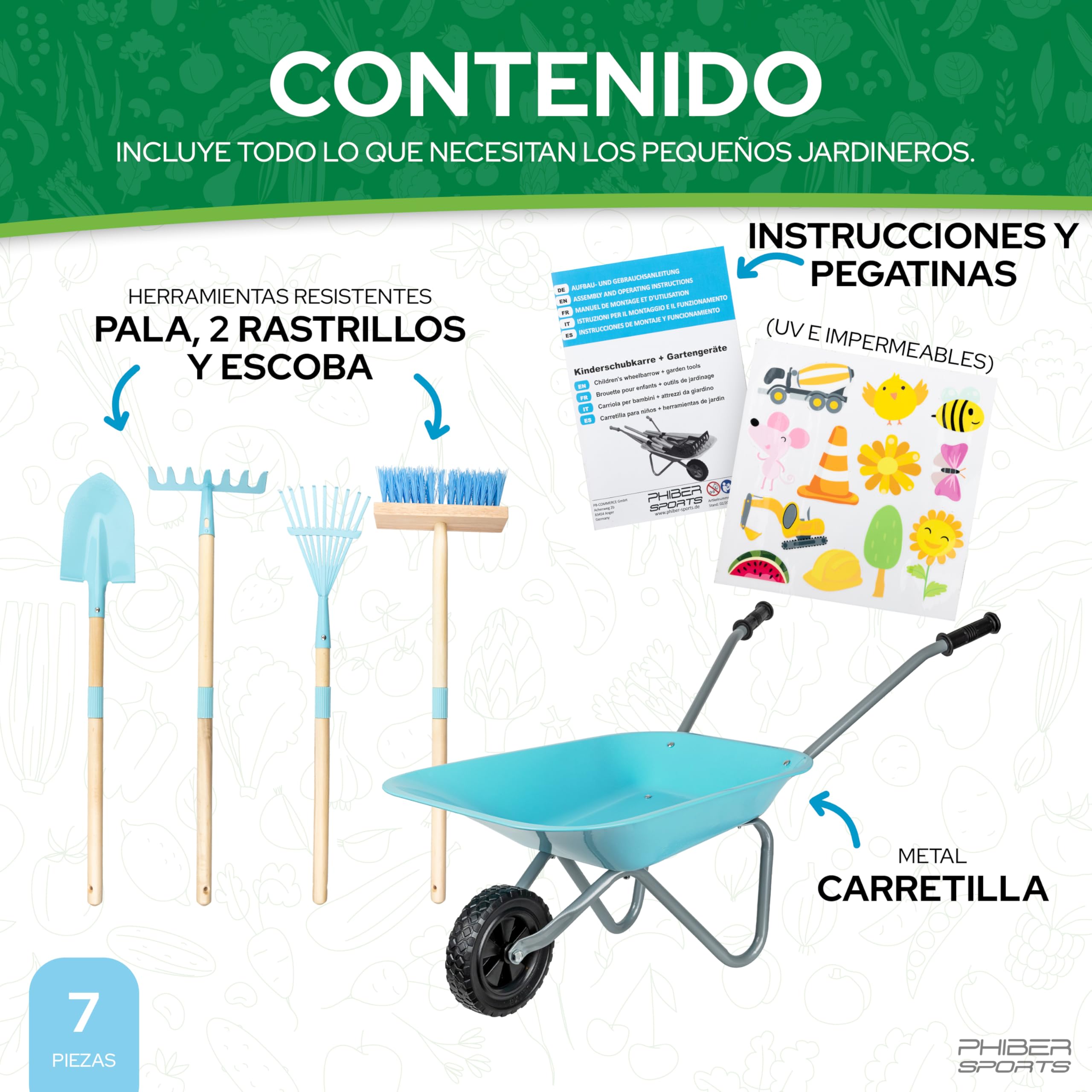 Carretilla infantil PHIBER-SPORTS con herramienta de jardín metálica: pala, escoba, rastrillo y rastrillo de hojas