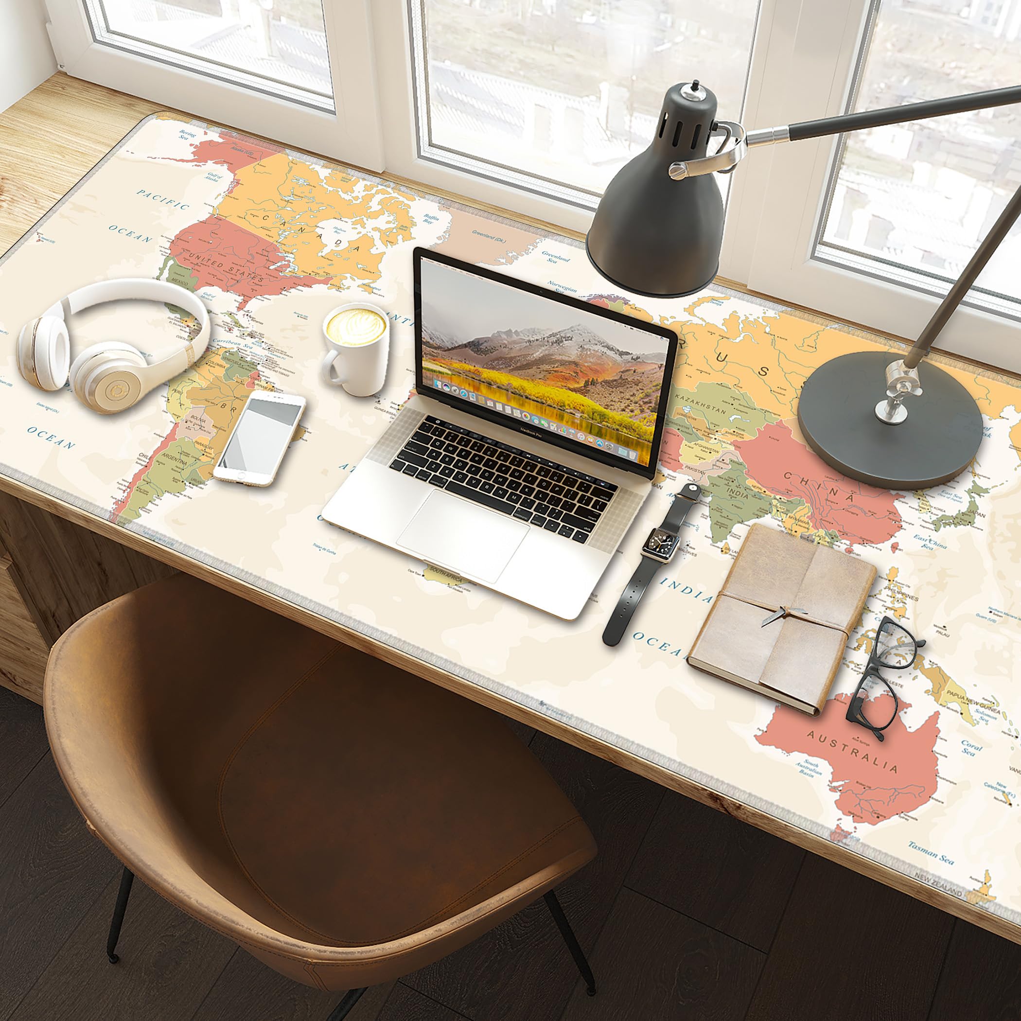 LL-COEUR Weltkarte Große Mousepad mit Vernähte Kanten 140x50x0,3cm Erweitertes Mauspad Tastaturunterlage Large Tischunterlage mit Rutschfeste Gummibasis XXL