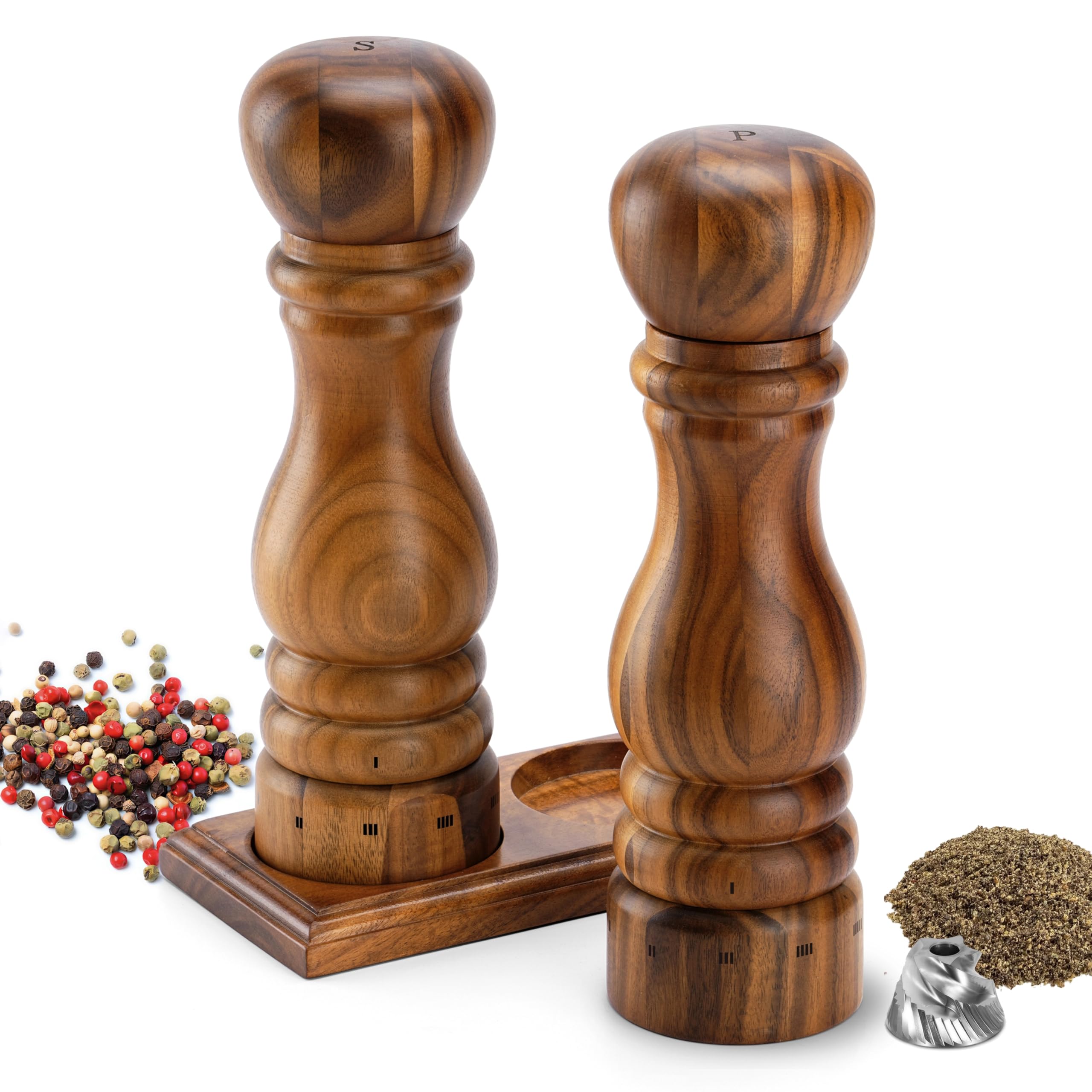 Aurevit Salz und Pfeffermühle Holz Set, Pfeffer und Salzmühle mit Keramikmahlwerk & Edelstahlkern, Außen einstellbarer Mahlgrad, Manuelle Pfeffermühle, 23 cm (Akazienholz)